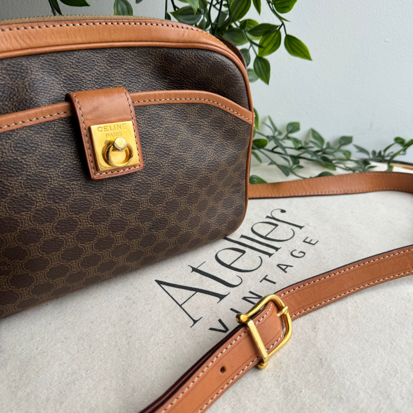 Celine Macadam Brown Double Zip Shoulder Bag