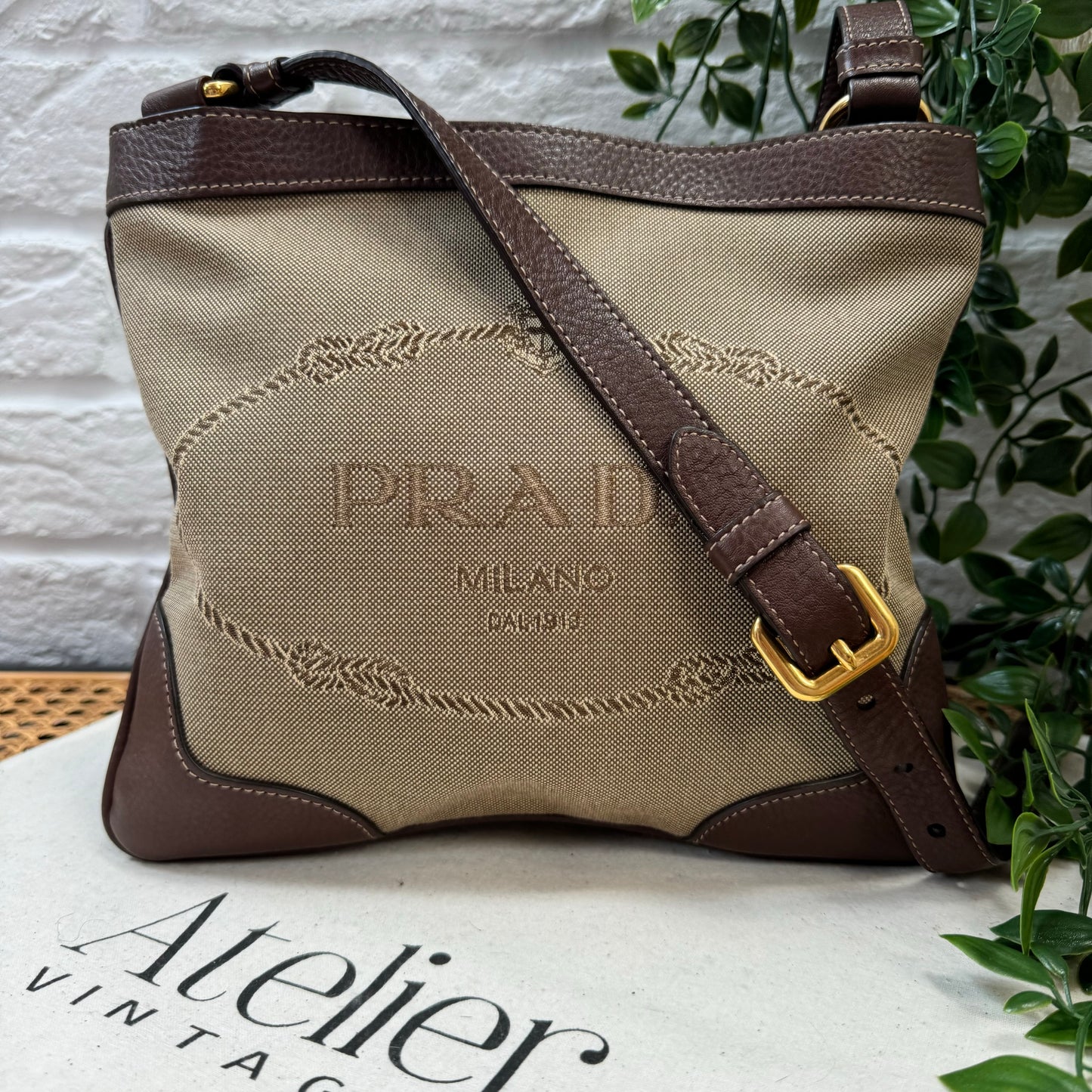 Prada Jacquard Brown/Beige Cross Body Messenger Bag