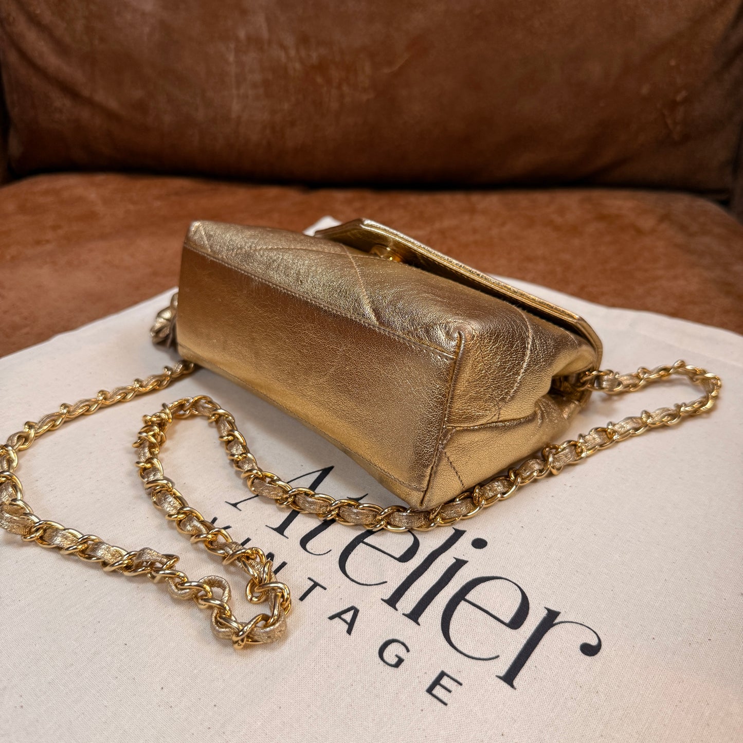 Chanel 1986 Ultra Rare Gold Lambskin Camellia Charm Envelope Flap