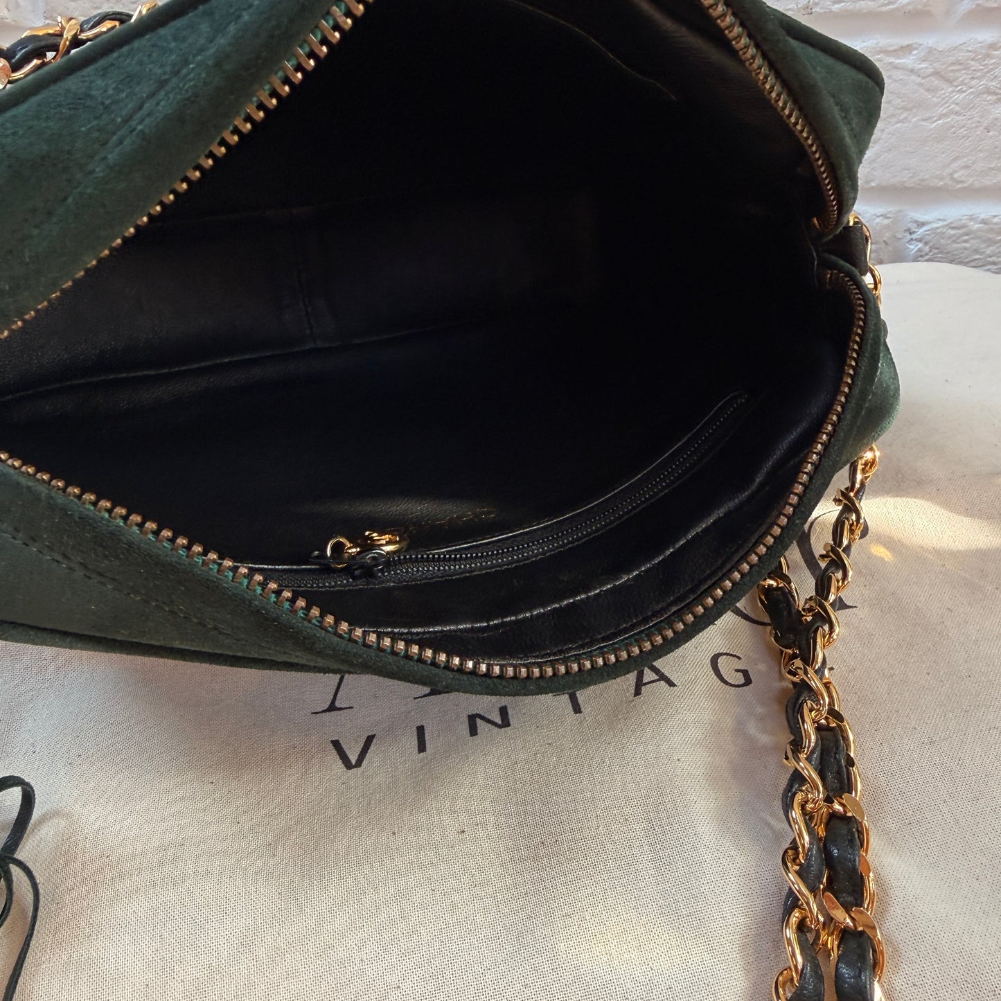 Chanel 1991 Green Suede Camera bag with 24k gold hardware