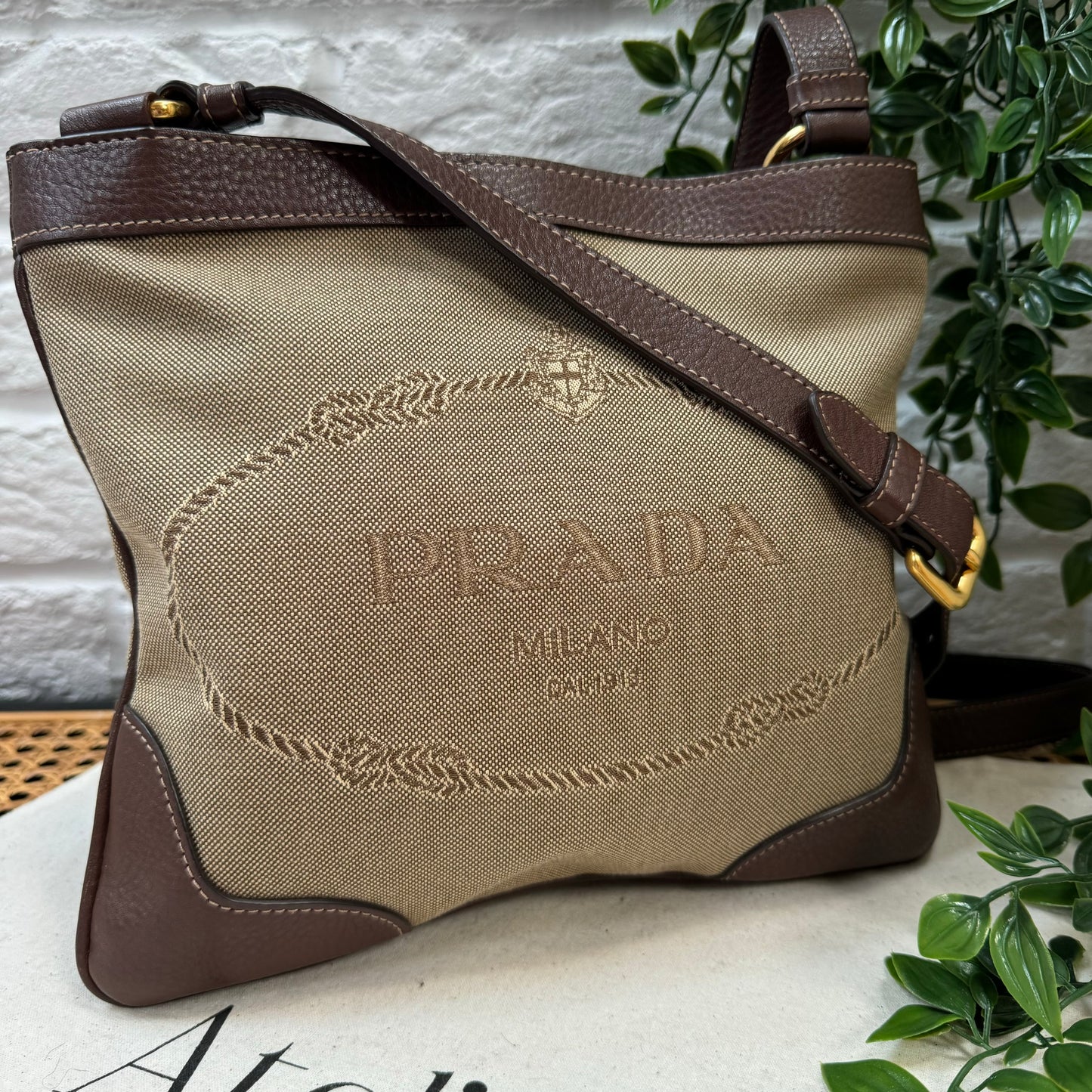 Prada Jacquard Brown/Beige Cross Body Messenger Bag