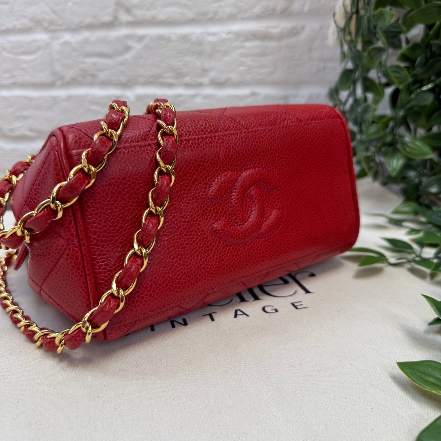Chanel 1989 Chanel Red Caviar CC Quilted Shoulder Bag