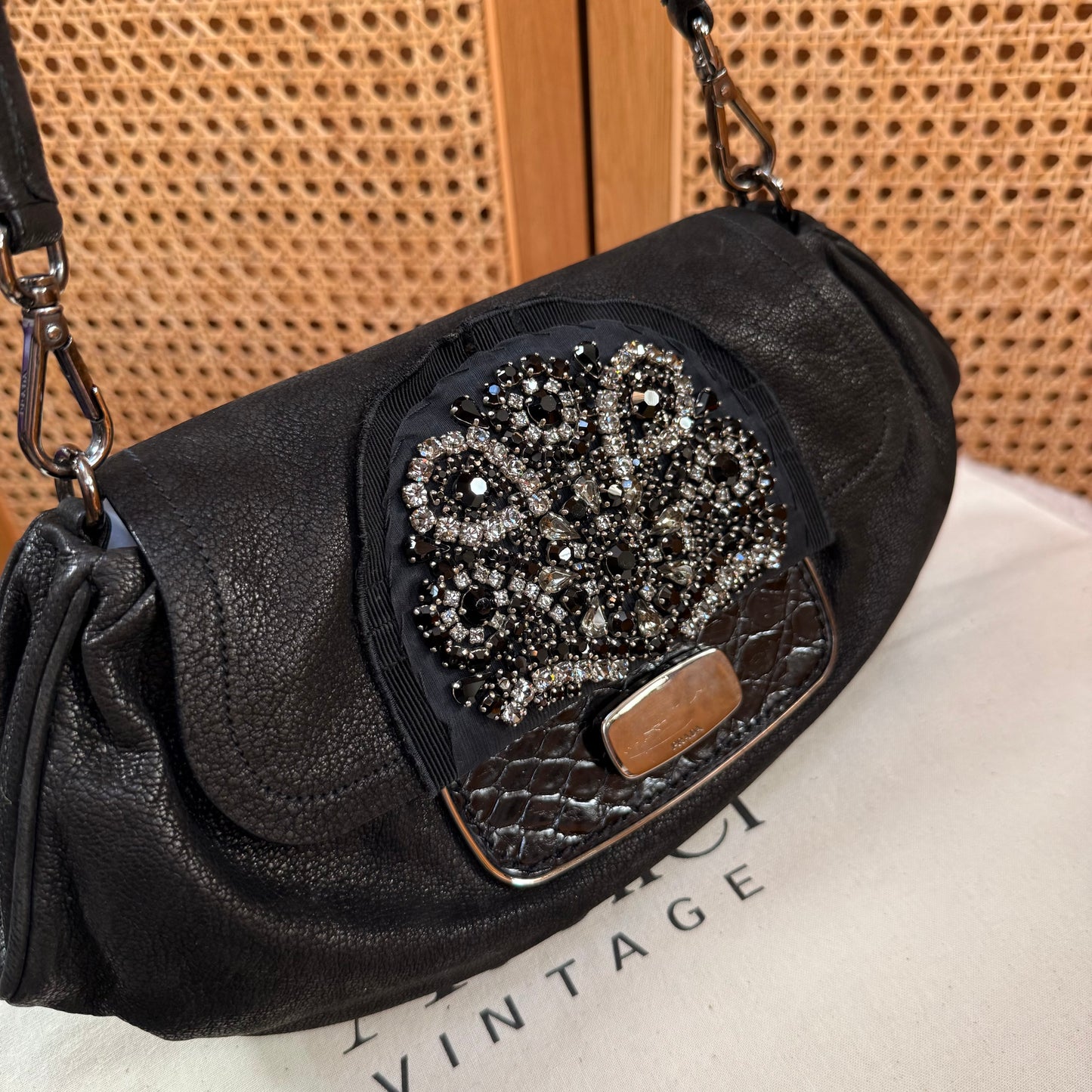 Prada 2002 Black & Embellished Jewel Two Way Shoulder Bag