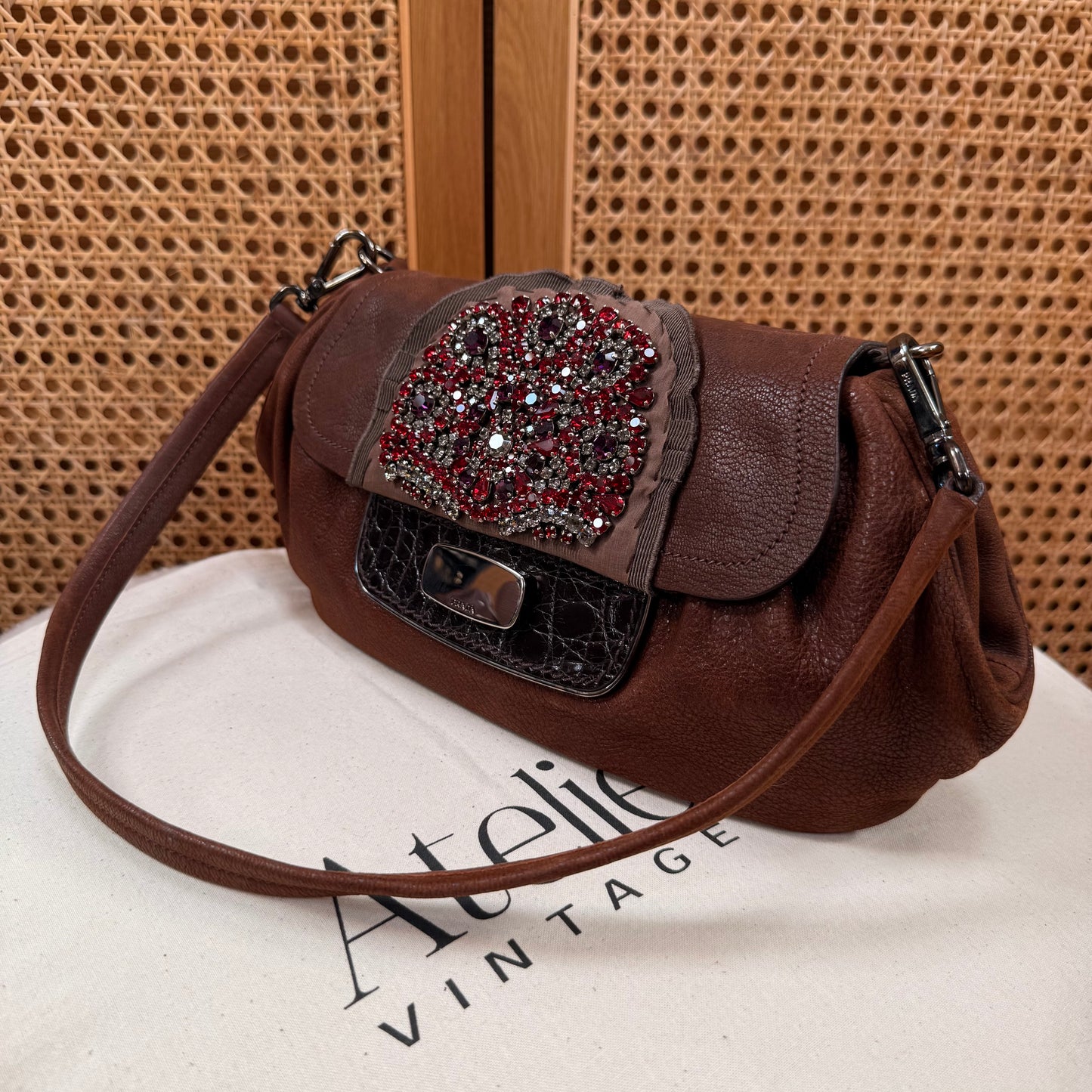 Prada 2002 Brown & Embellished Jewel Two Way Shoulder Bag