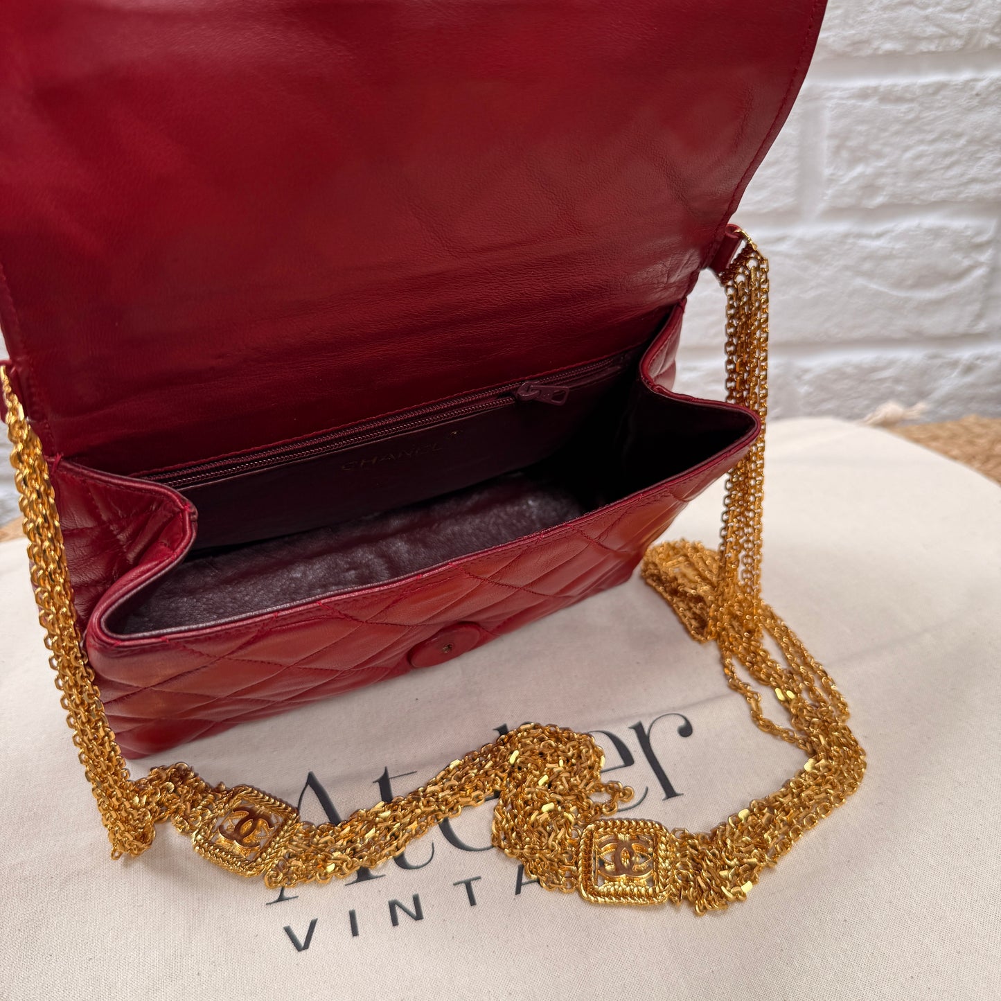 Chanel ULTRA RARE 1986 Single Flap with six strand 24k gold plated chain with CC logo stations