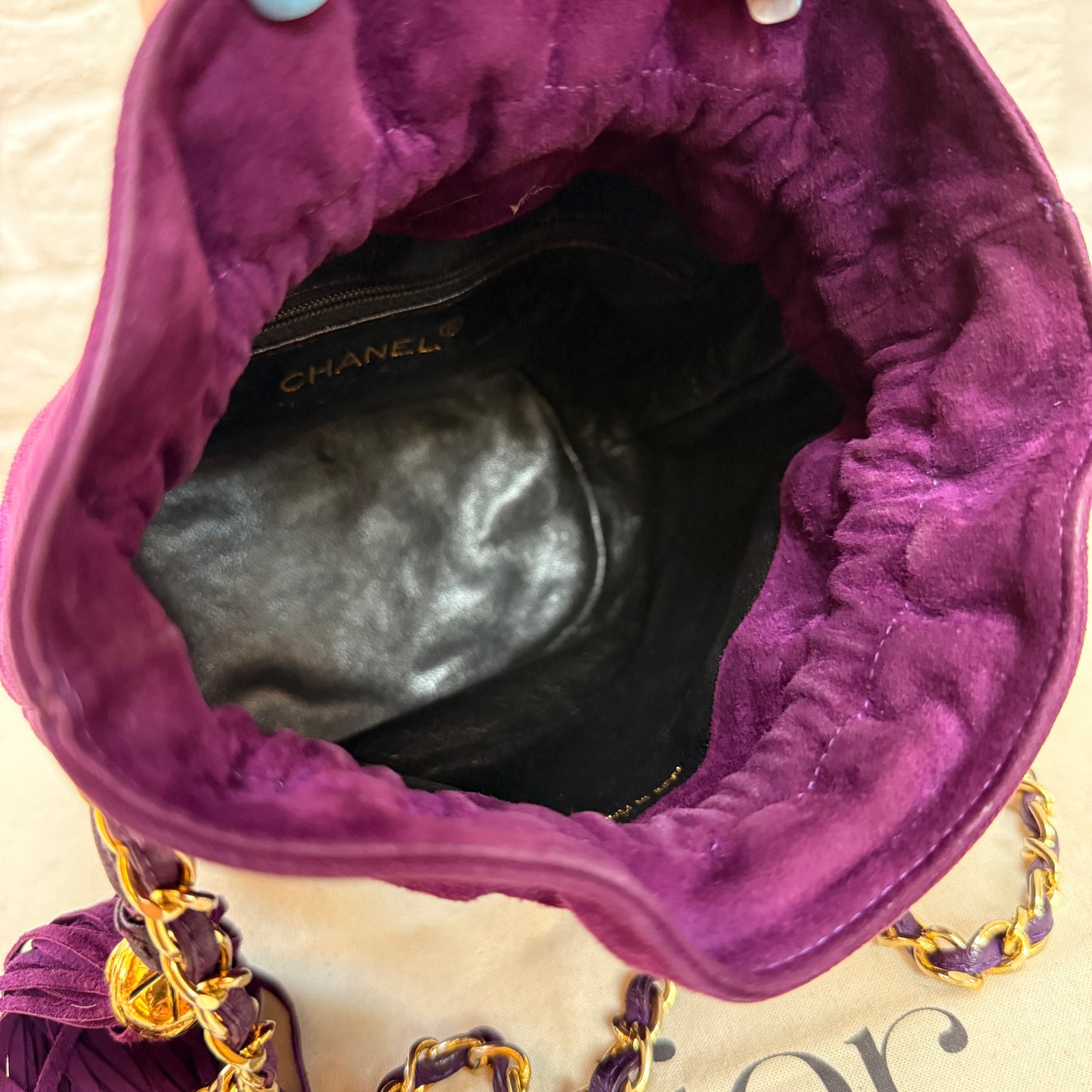 Chanel 1989 ultra rare plum suede Quilted Cross Body Bucket Bag