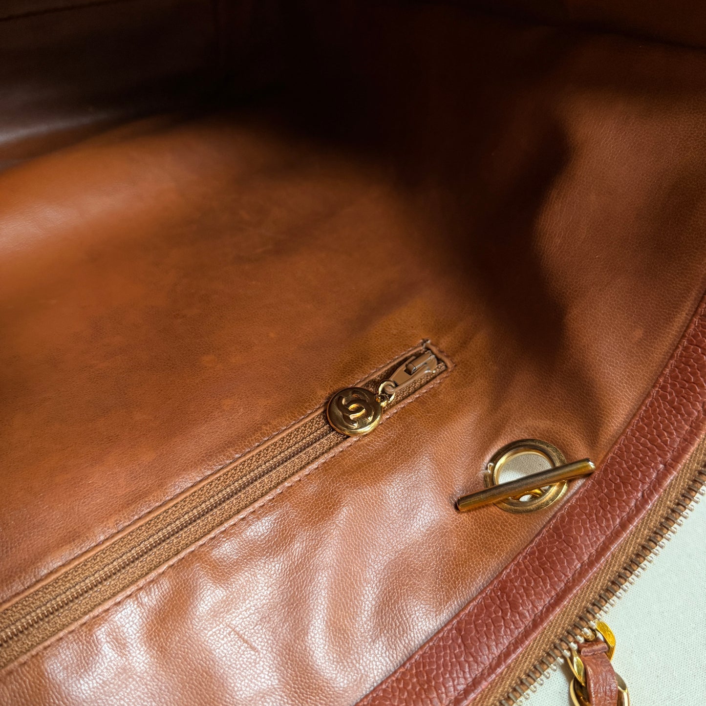 Chanel 1991 Rare Cognac Caviar leather tote with Turnlock front compartment