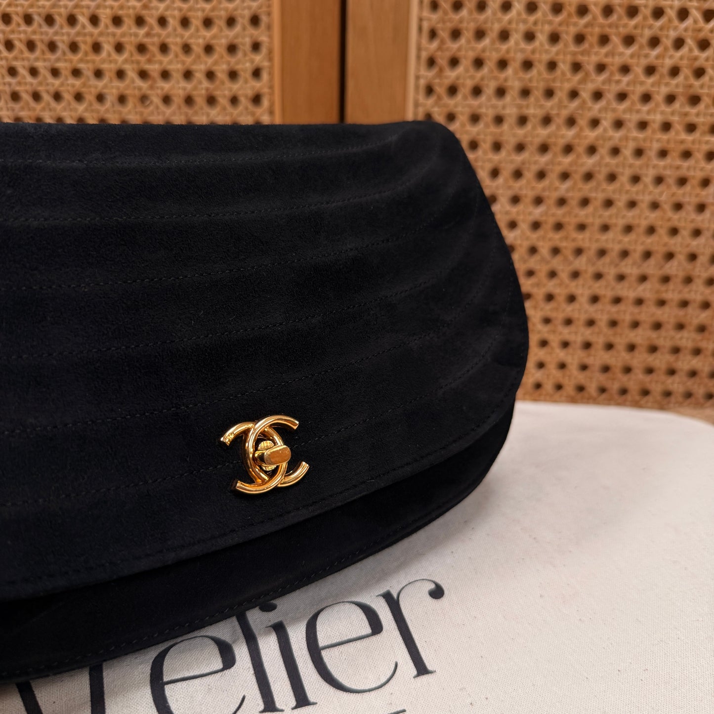 Chanel Rare early 1980s half moon quilted single flap in black suede