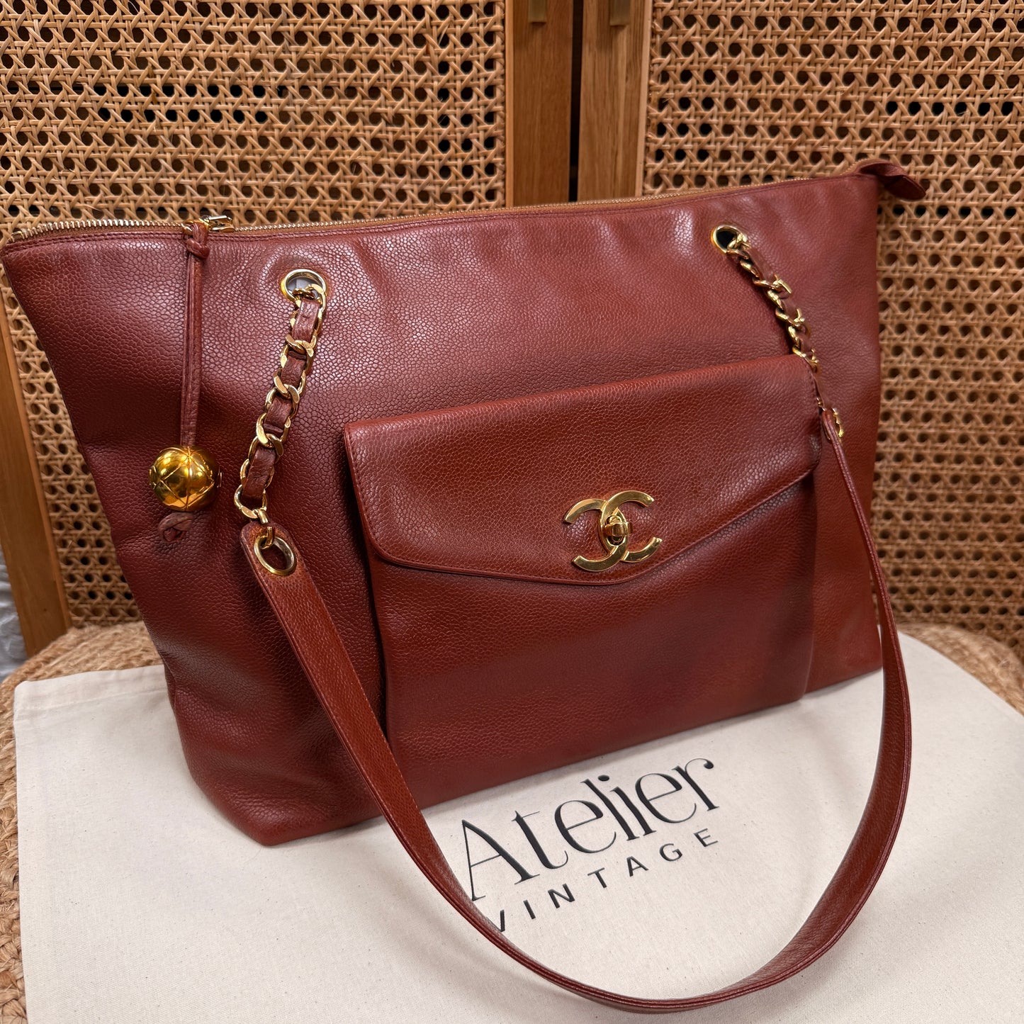 Chanel 1991 Rare Cognac Caviar leather tote with Turnlock front compartment