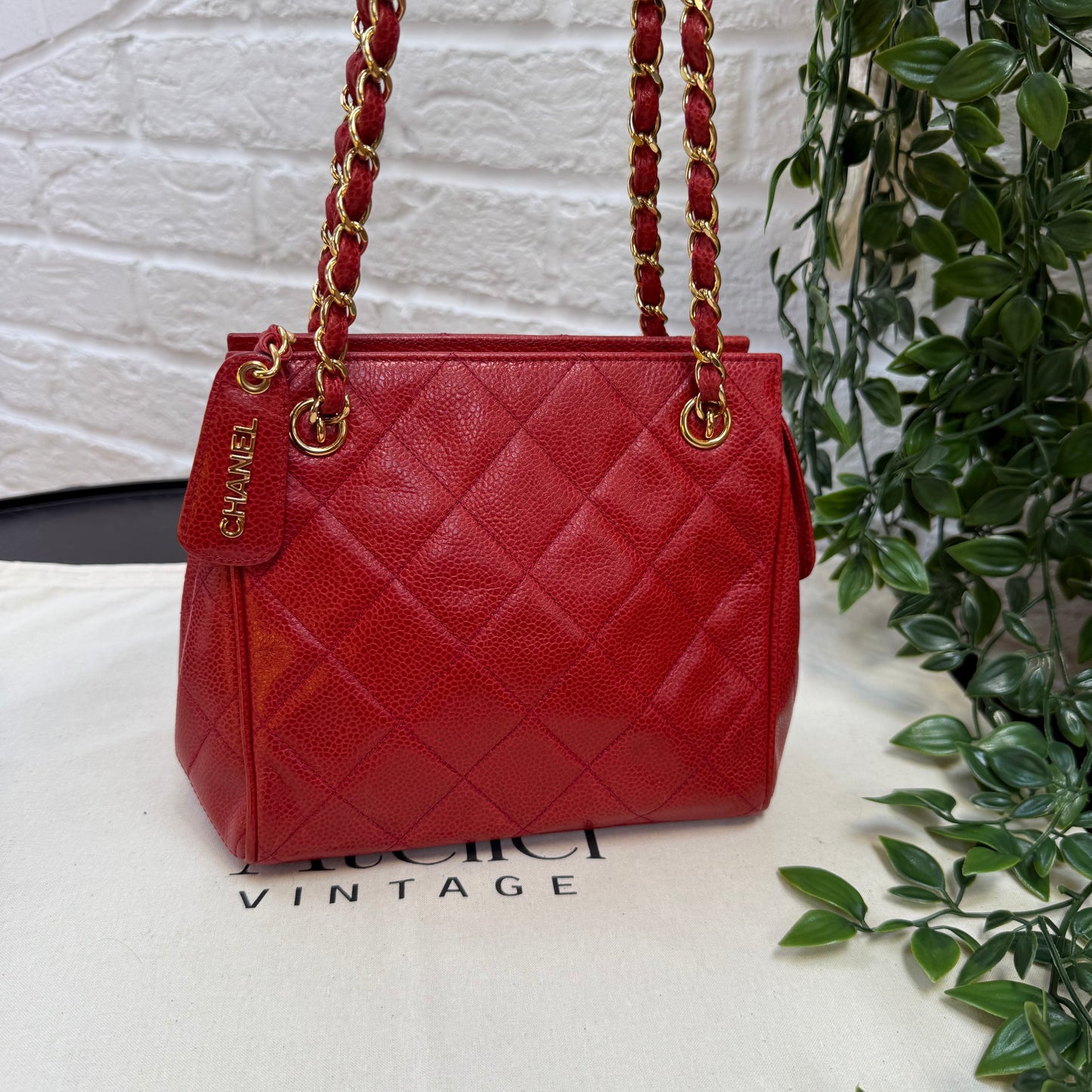 Chanel 1989 Chanel Red Caviar CC Quilted Shoulder Bag