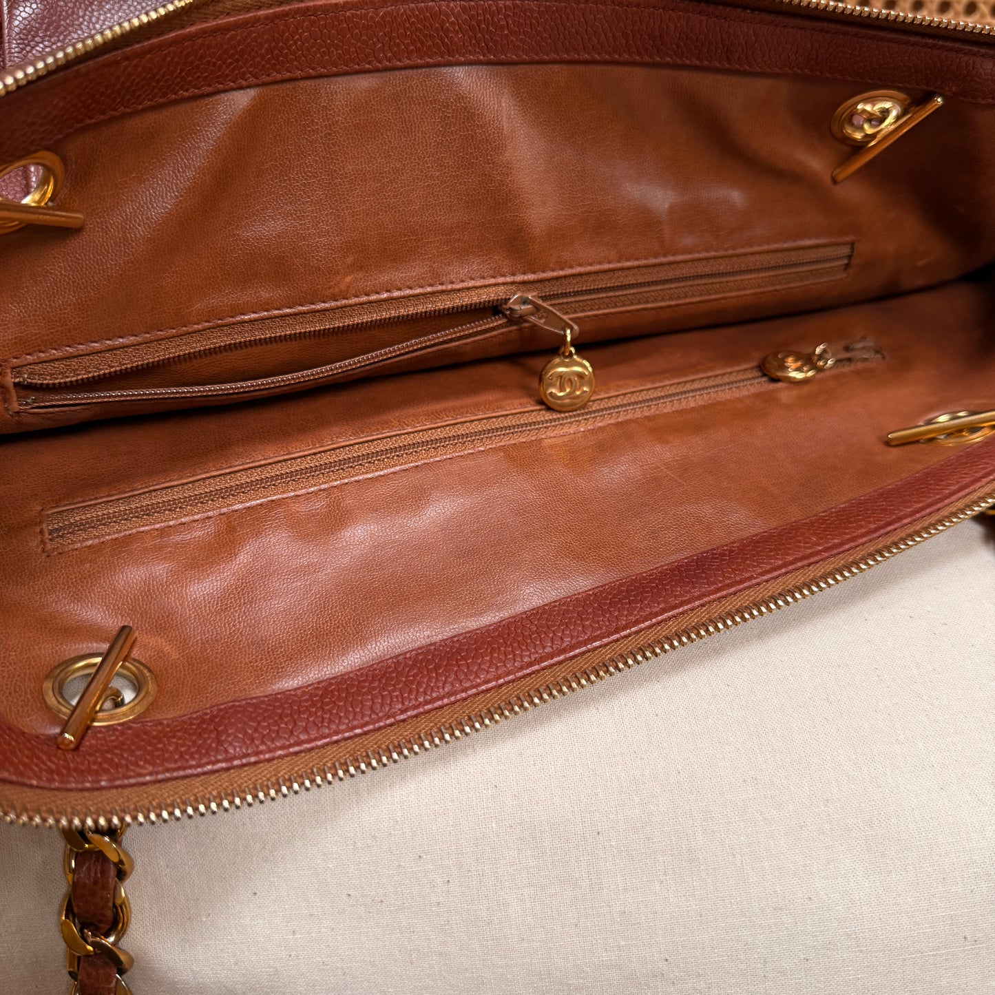 Chanel 1991 Rare Cognac Caviar leather tote with Turnlock front compartment