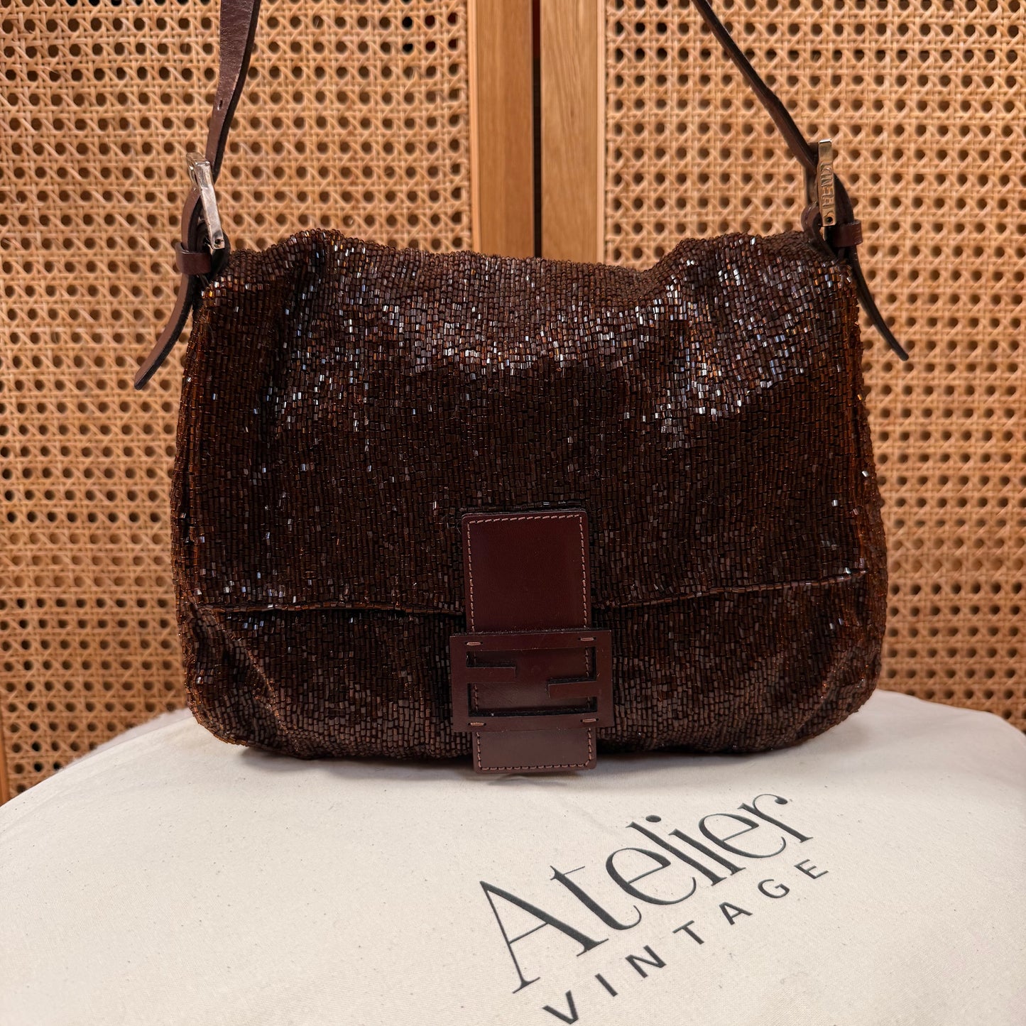 Fendi 2000 Rare Mamma Baguette Bronze - Limited Edition full glass beaded with chocolate leather