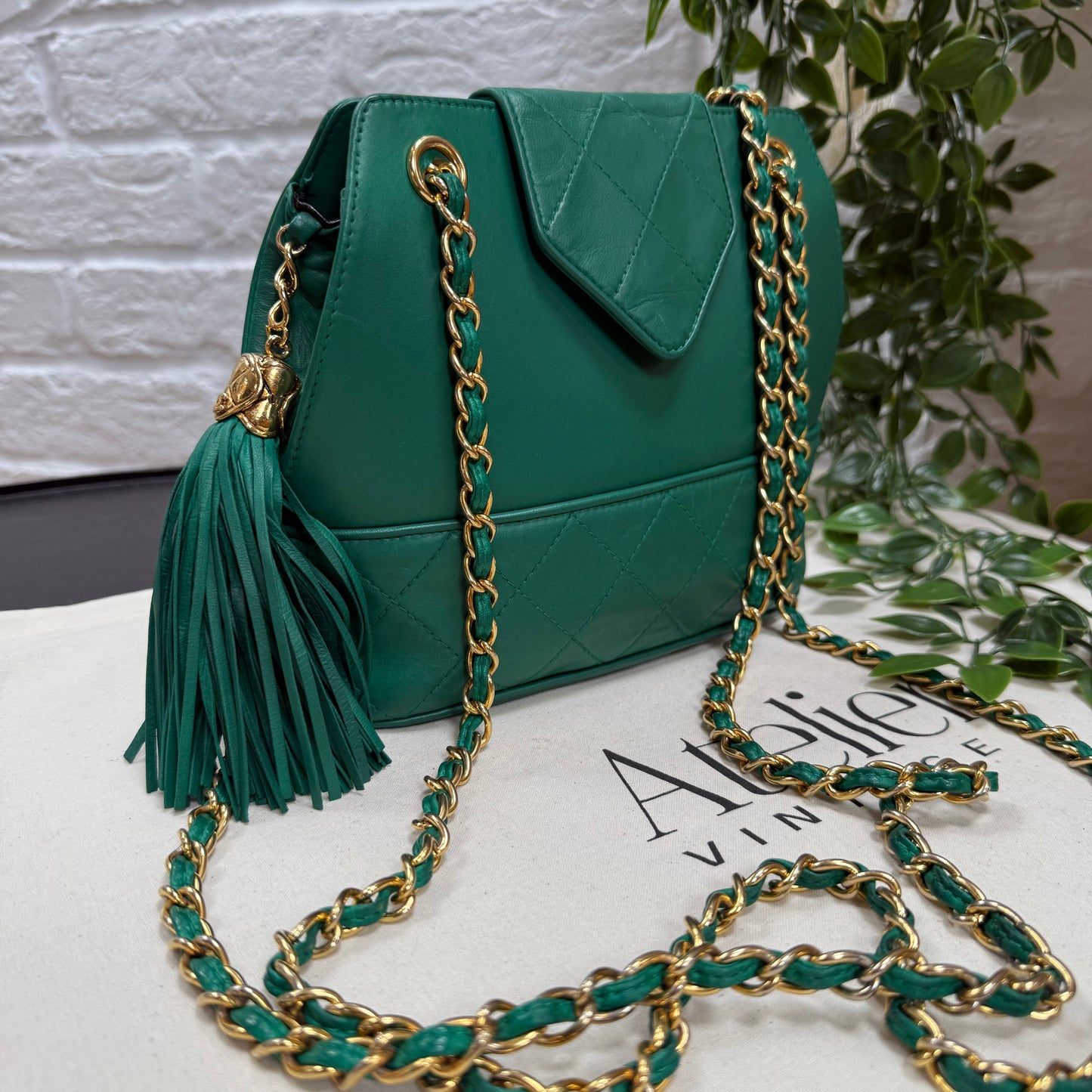 Chanel 1989 Emerald Green Cross Body Envelope Flap tassel bag