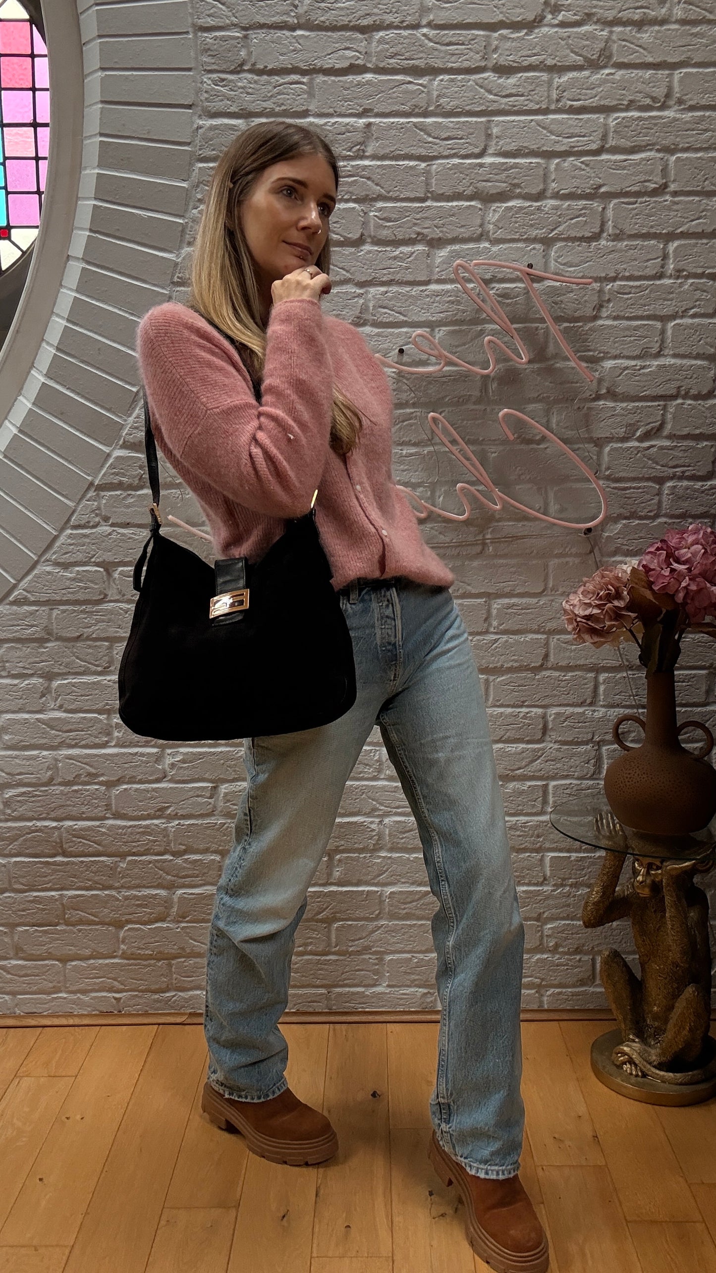 Fendi Rare Fendi Baguette Cross Body Tote in black suede with limited edition enamel closure