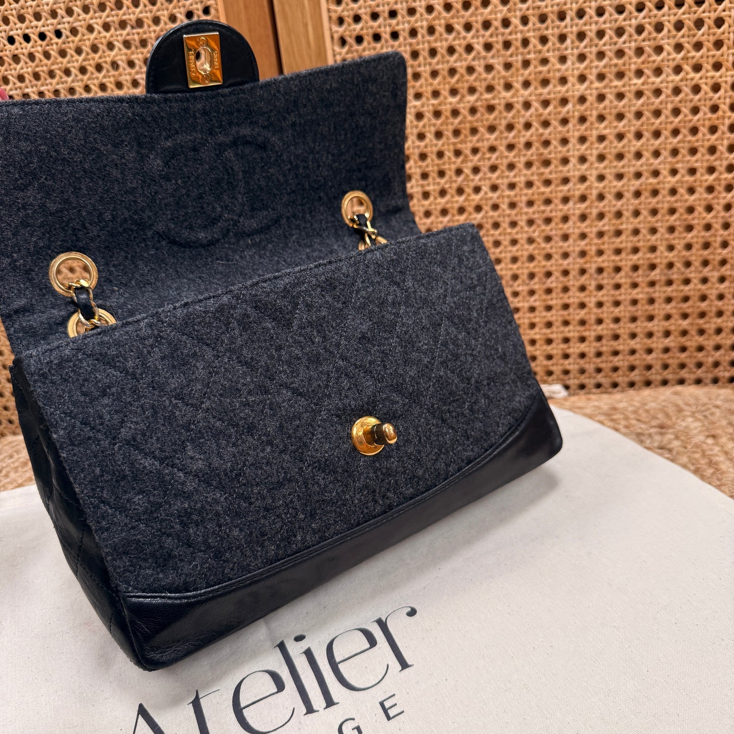 Chanel 1989 Rare Charcoal Tweed Wood & Black Leather Single flap & Purse Set