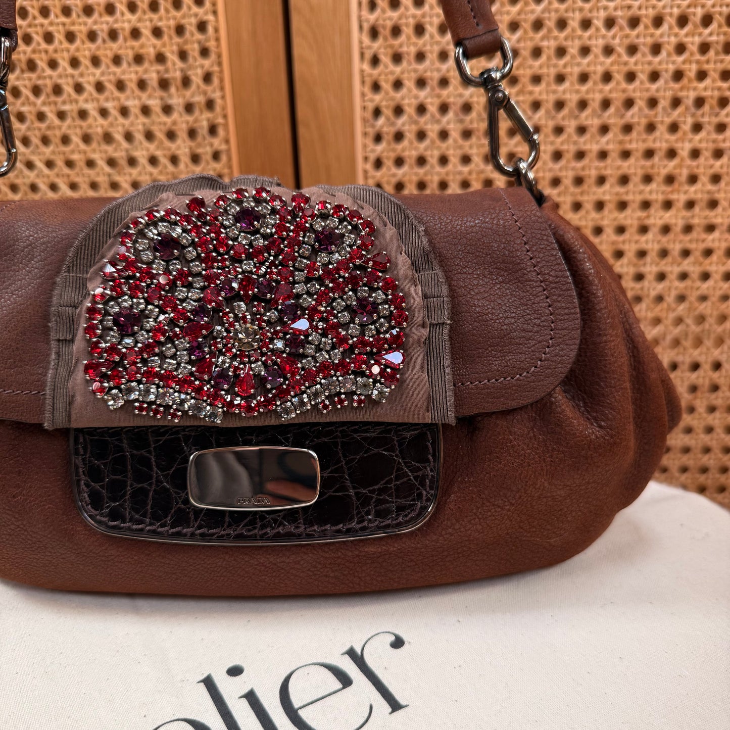 Prada 2002 Brown & Embellished Jewel Two Way Shoulder Bag