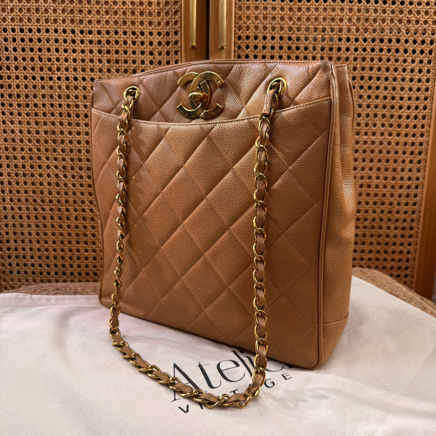 Chanel 1996 Dark Beige Caviar Tote with Jumbo CC Turnlock