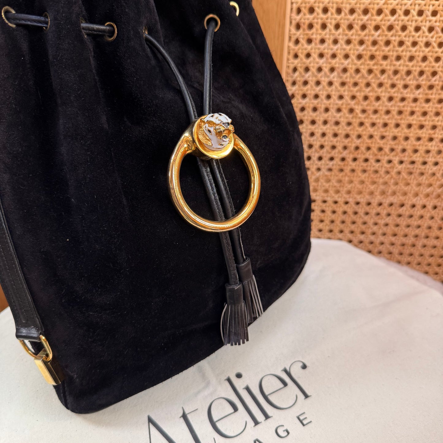 Gucci 1990s Rare Enamel Leopard Suede Bucket Bag