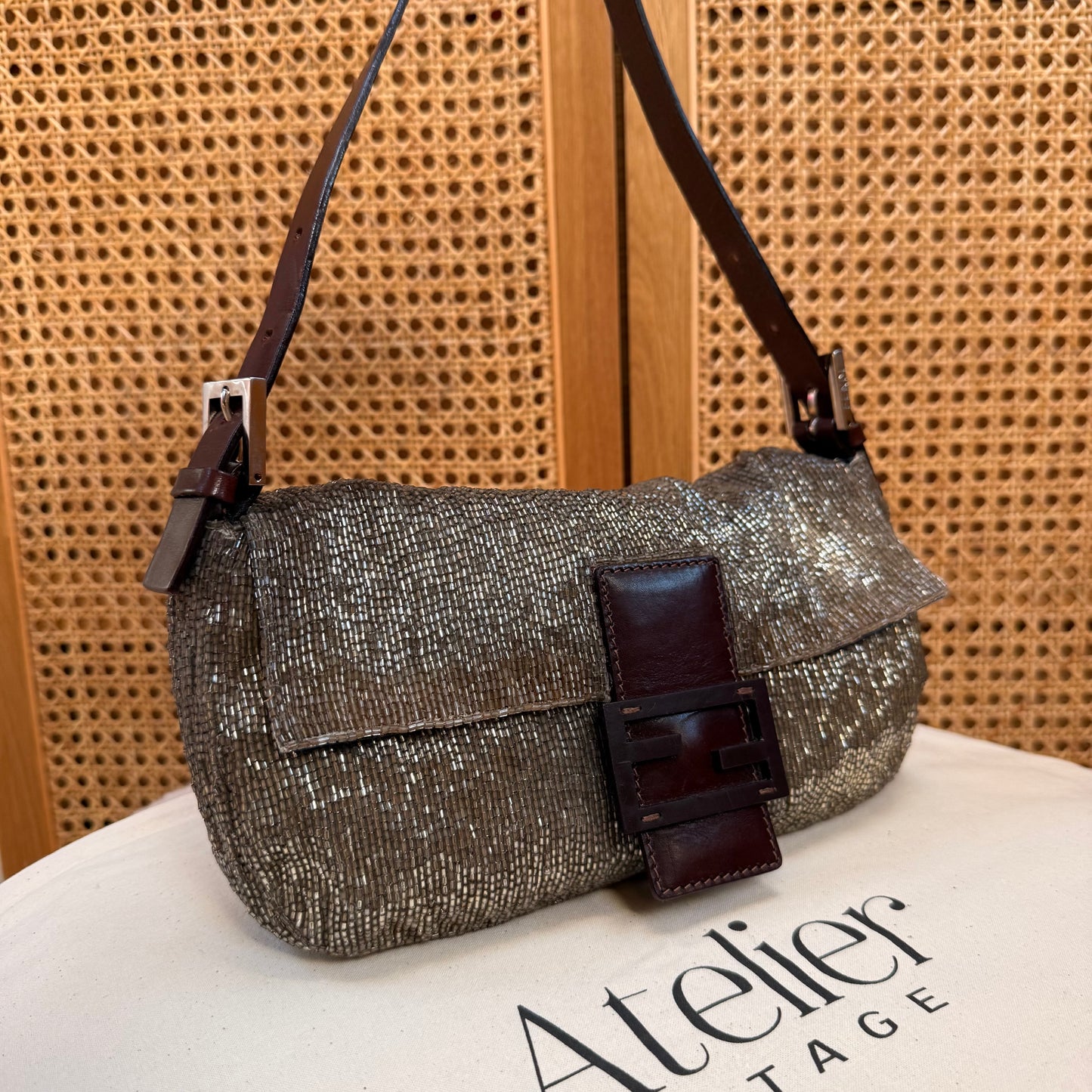 Fendi 2001 Rare Fendi Baguette Champagne - Limited Edition full glass beaded with chocolate leather