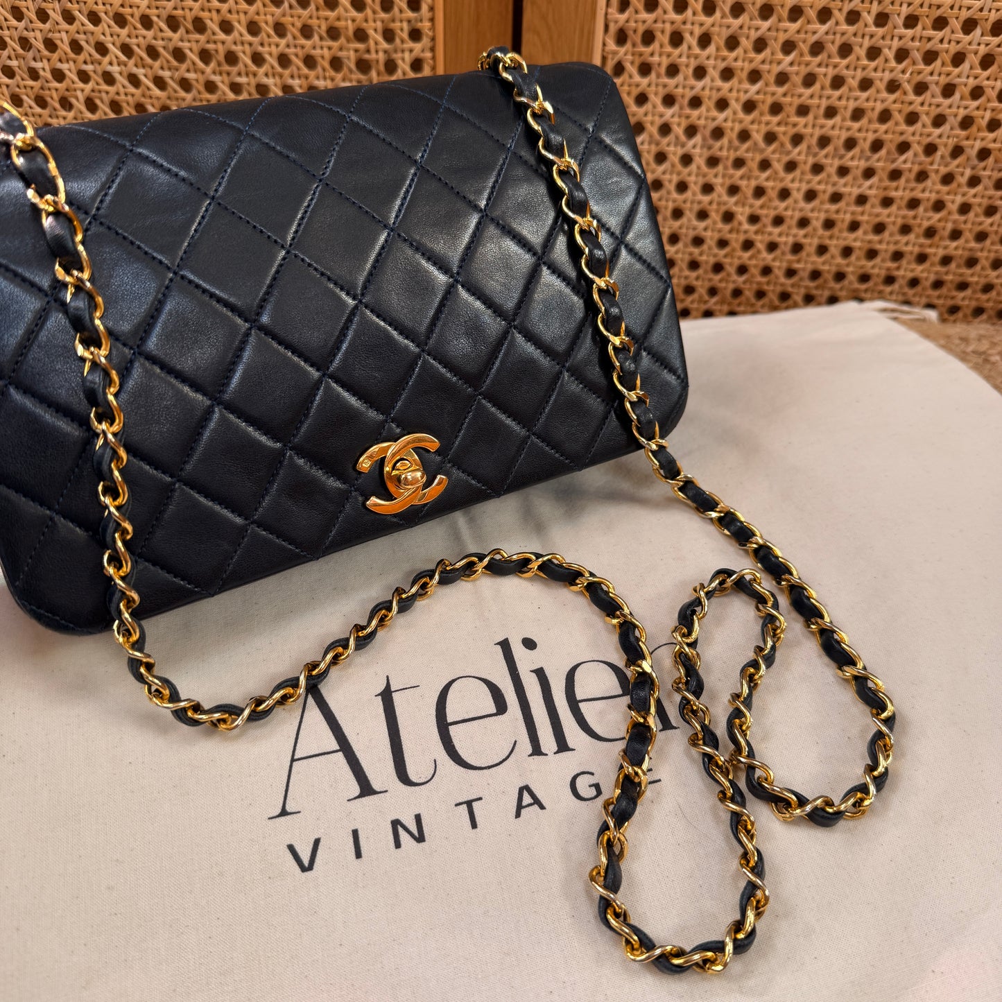 Chanel 1989 Rare Navy Classic Medium Rectangle Full Flap