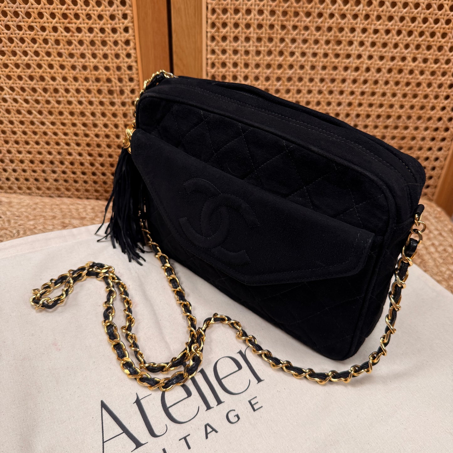 Chanel 1989 Rare Black Suede Front Flap Camera Bag