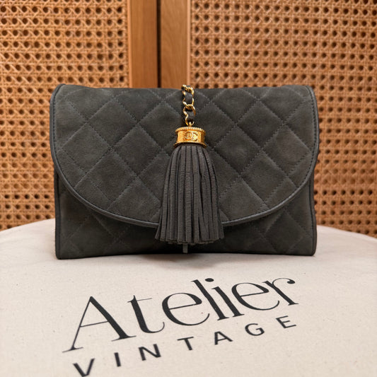 Chanel 1986 Grey Suede Tassel Clutch