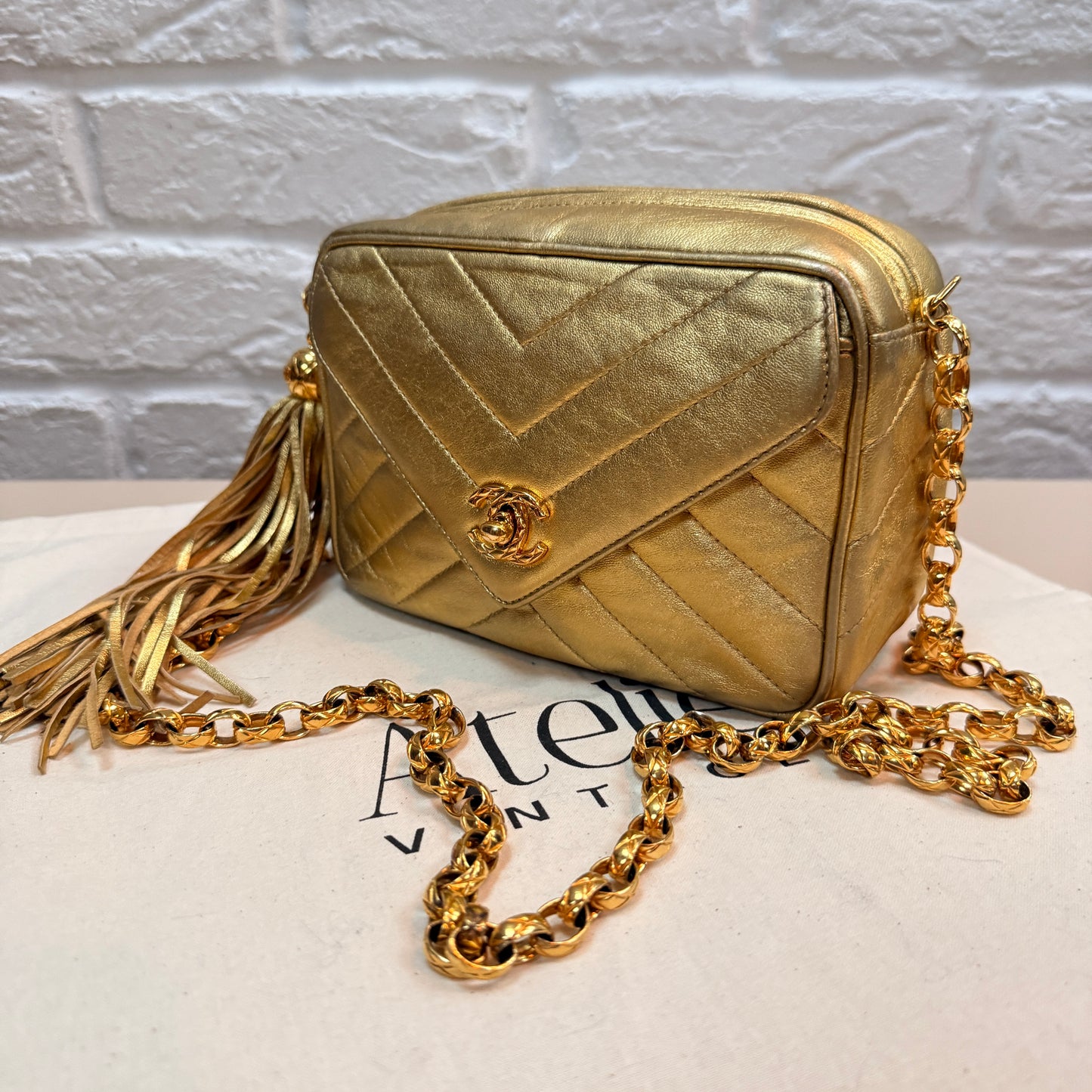 Chanel 1991 Ultra Rare Chevron Quilted Turnlock Camera Bag in Gold Lambskin Leather with 24k gold hardware