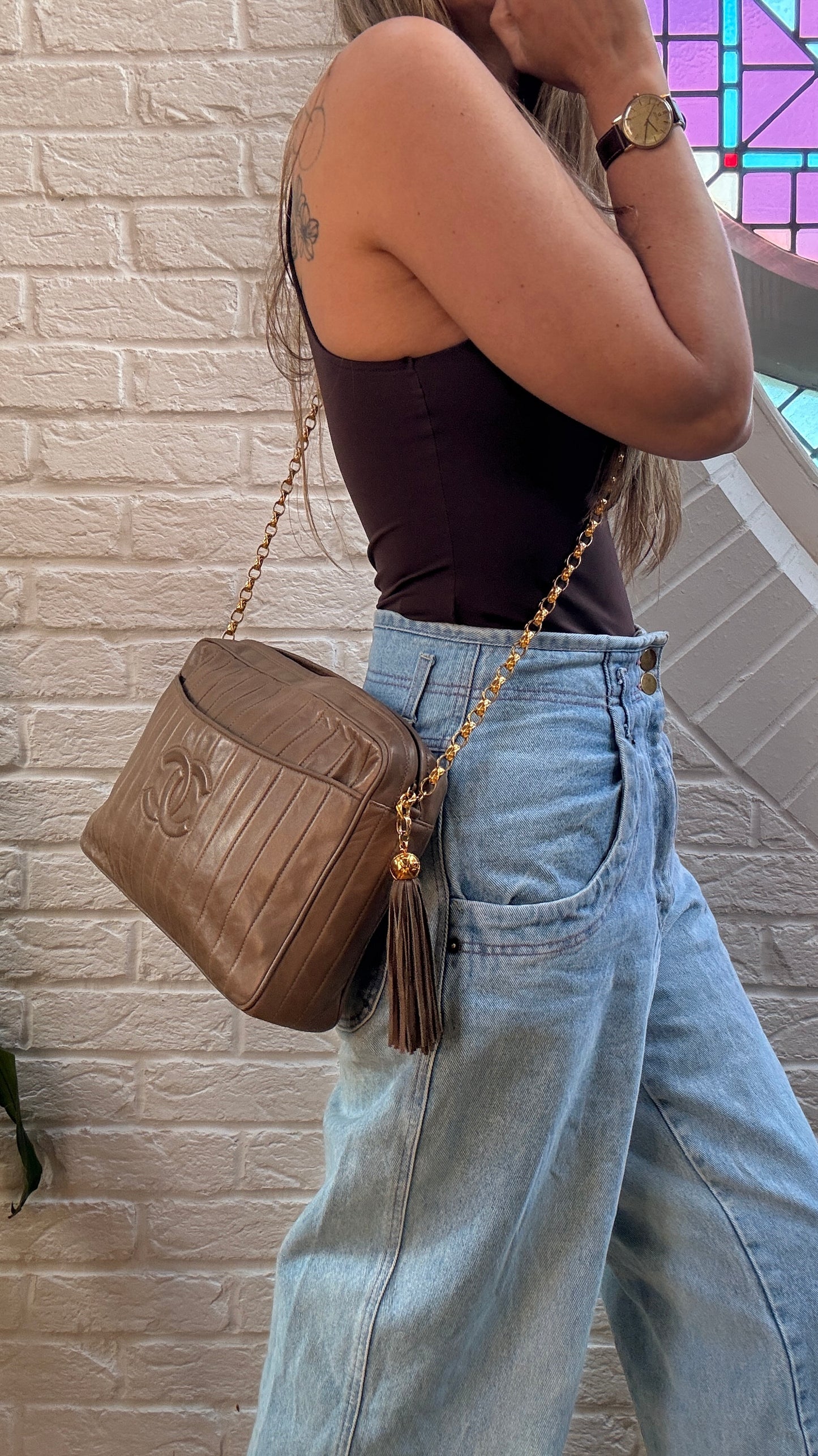 Chanel Rare 1980s Mademoiselle Camera Bag with Bijoux chain in Taupe