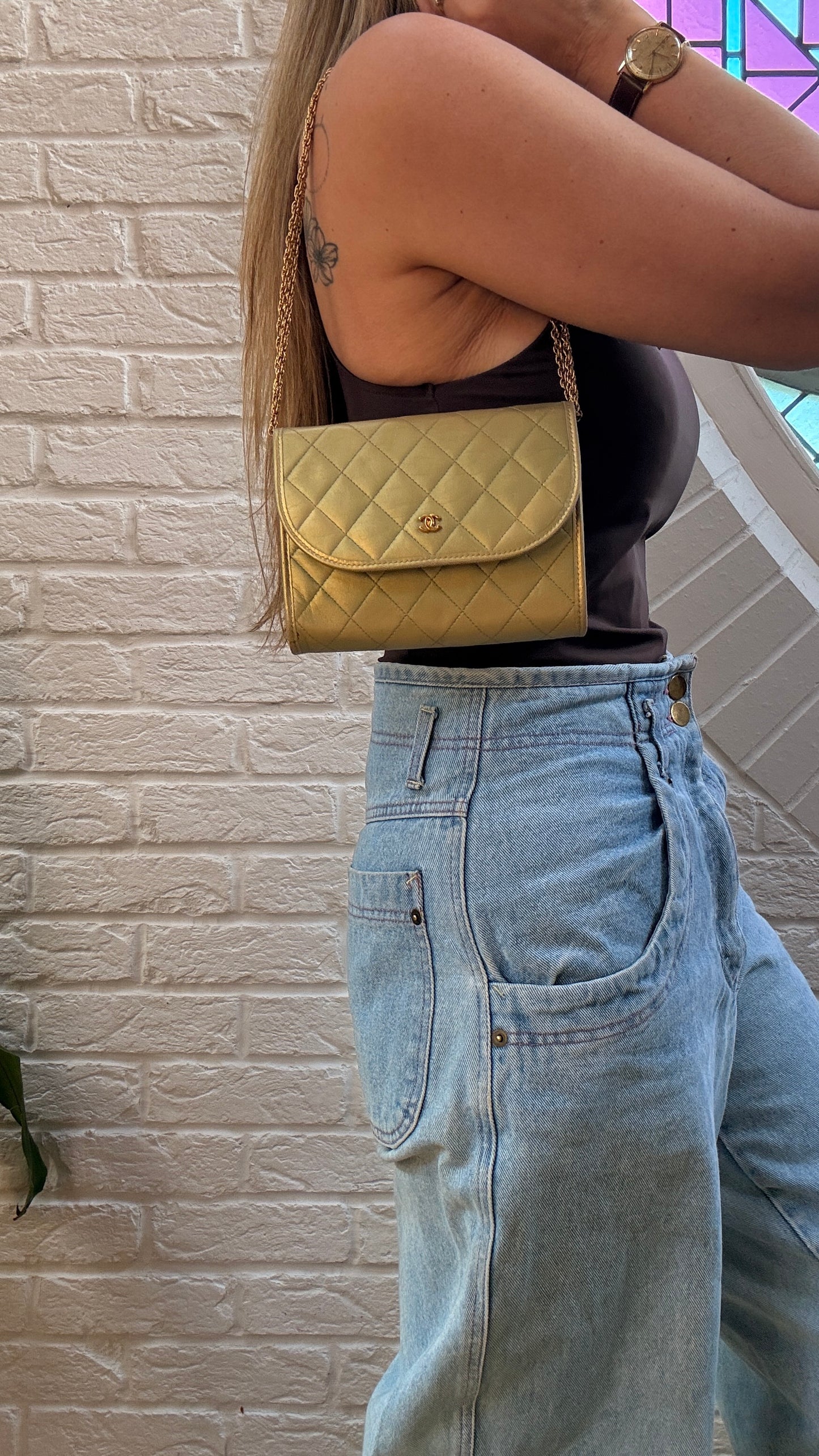 Chanel Early 1980s Rare Gold Lambskin Leather Single flap Cross Body