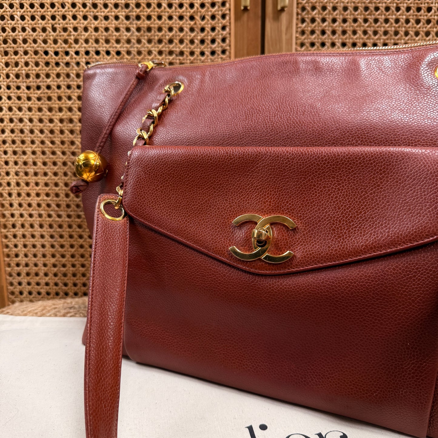 Chanel 1991 Rare Cognac Caviar leather tote with Turnlock front compartment