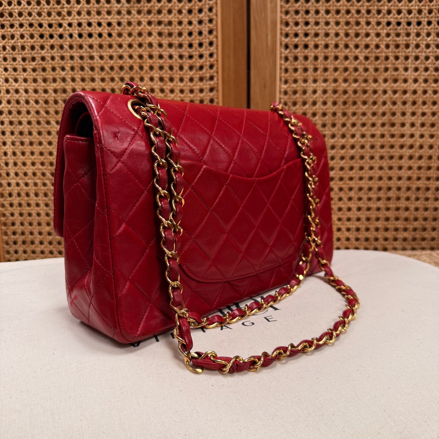 Chanel 1989 Red Lambskin Leather Classic Double Flap in Medium with 24k Gold Hardware