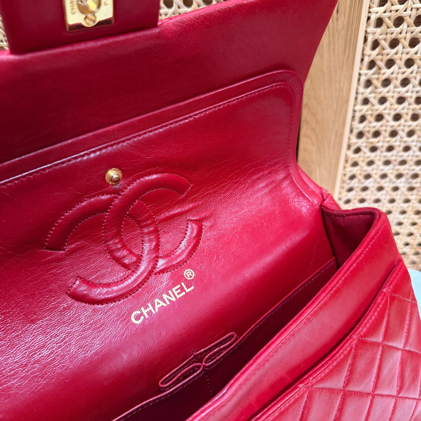 Chanel 1989 Red Lambskin Leather Classic Double Flap in Medium with 24k Gold Hardware
