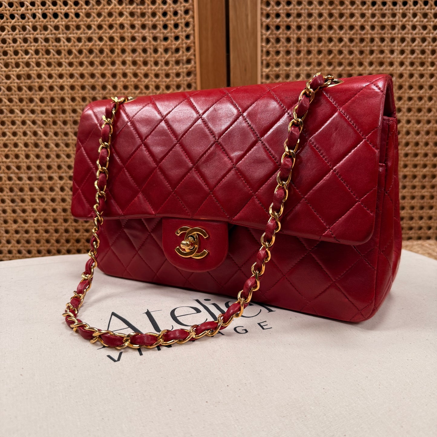 Chanel 1989 Red Lambskin Leather Classic Double Flap in Medium with 24k Gold Hardware