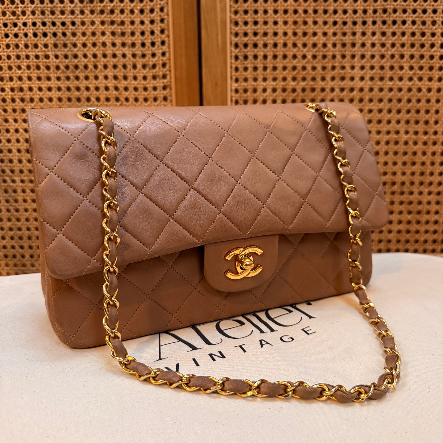 Chanel 1989 Rare Tan Lambskin Leather Classic Double Flap in Medium with 24k Gold Hardware