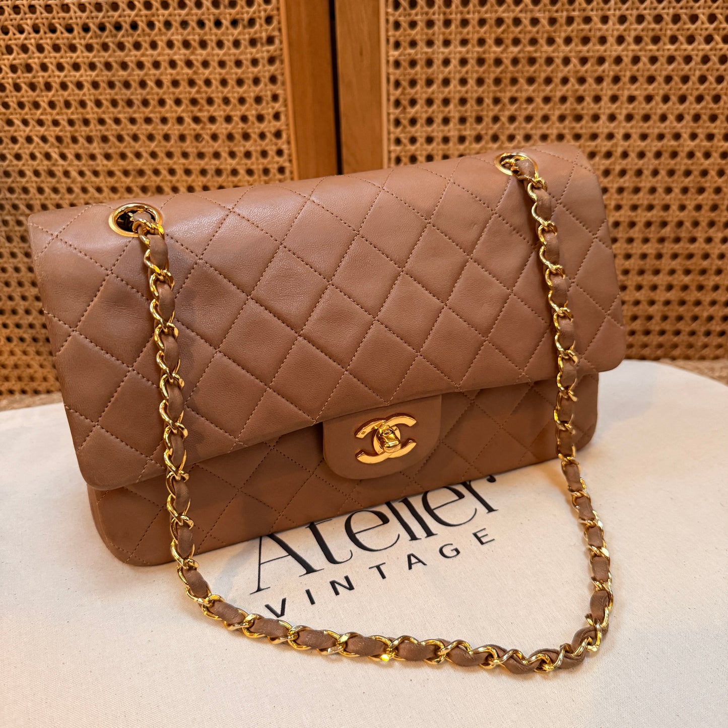 Chanel 1989 Rare Tan Lambskin Leather Classic Double Flap in Medium with 24k Gold Hardware