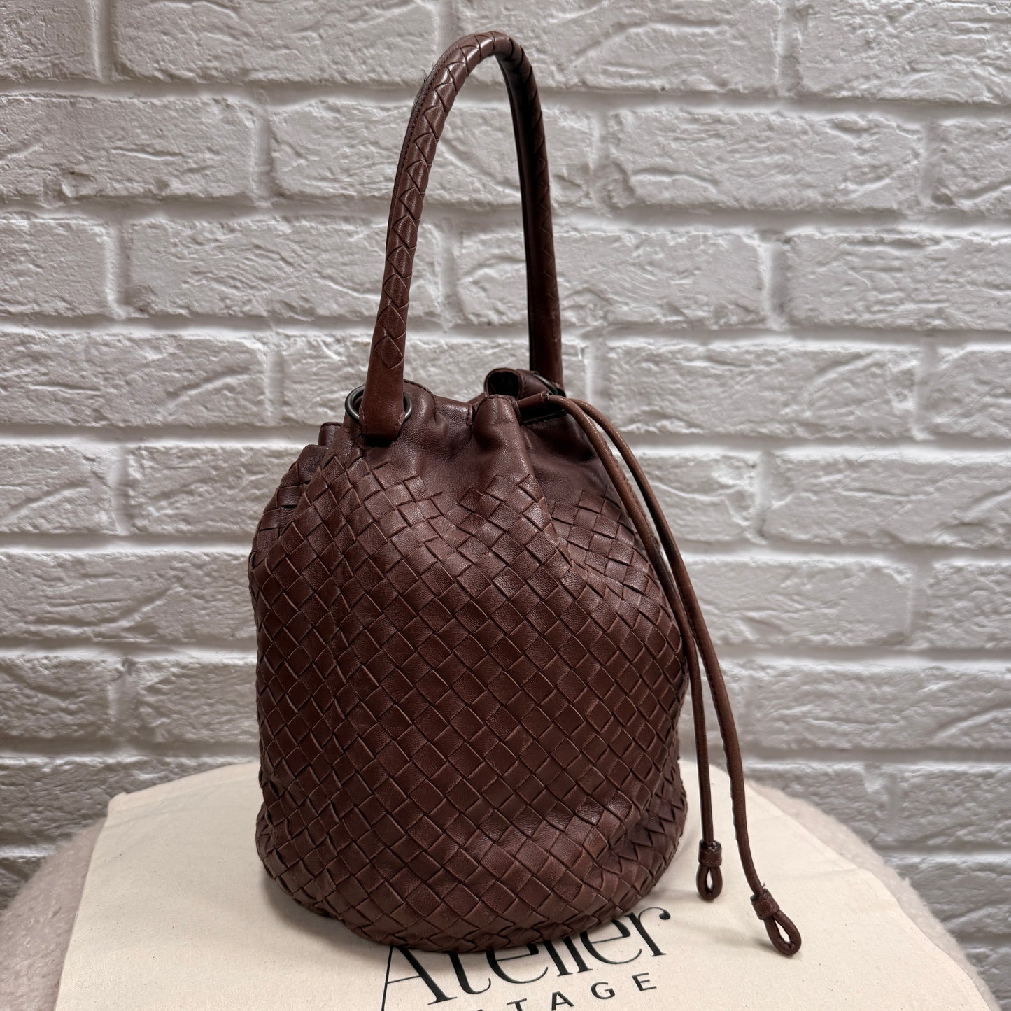 Bottega Veneta 1990s Bottega Veneta Tan Woven Leather Bucket Bag