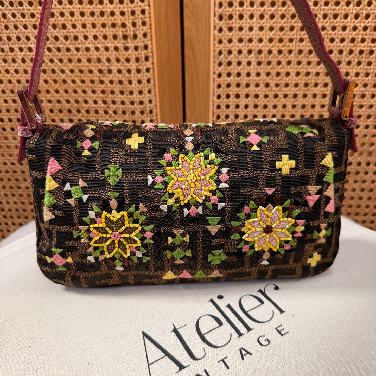 Fendi 2004 Rare Baguette Embroidered Zucca Print - Limited Edition glass bead and embroidered with exotic leather