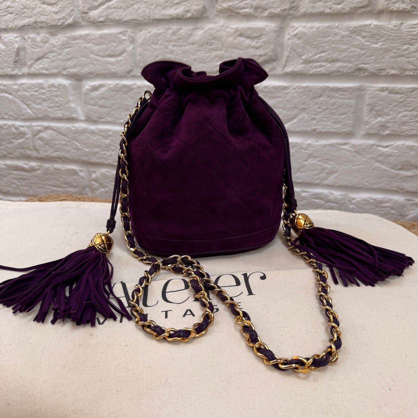 Chanel 1989 ultra rare plum suede Quilted Cross Body Bucket Bag
