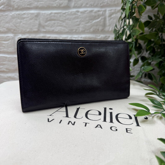 Chanel 2003 Black CC Button Long Purse with Zip Pocket