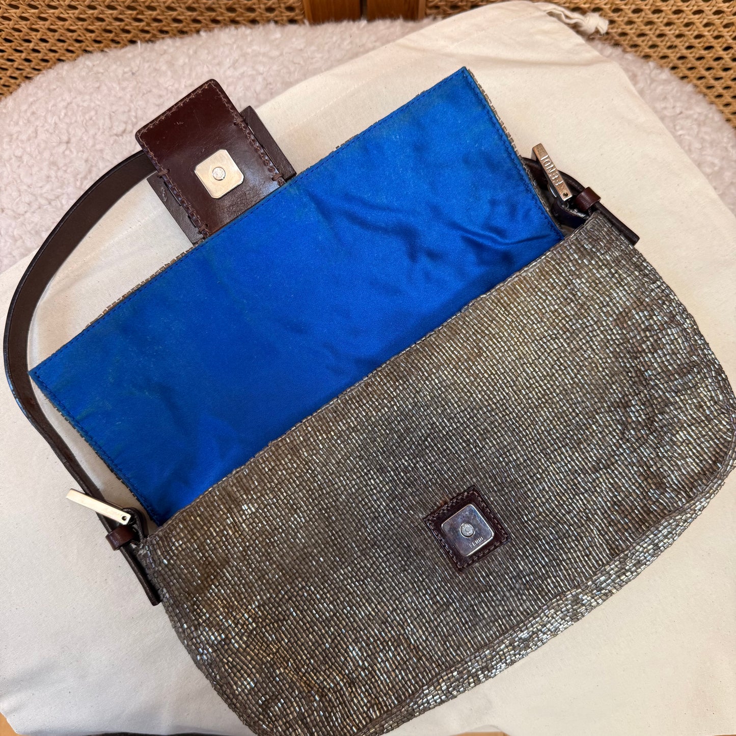 Fendi 2001 Rare Fendi Baguette Champagne - Limited Edition full glass beaded with chocolate leather