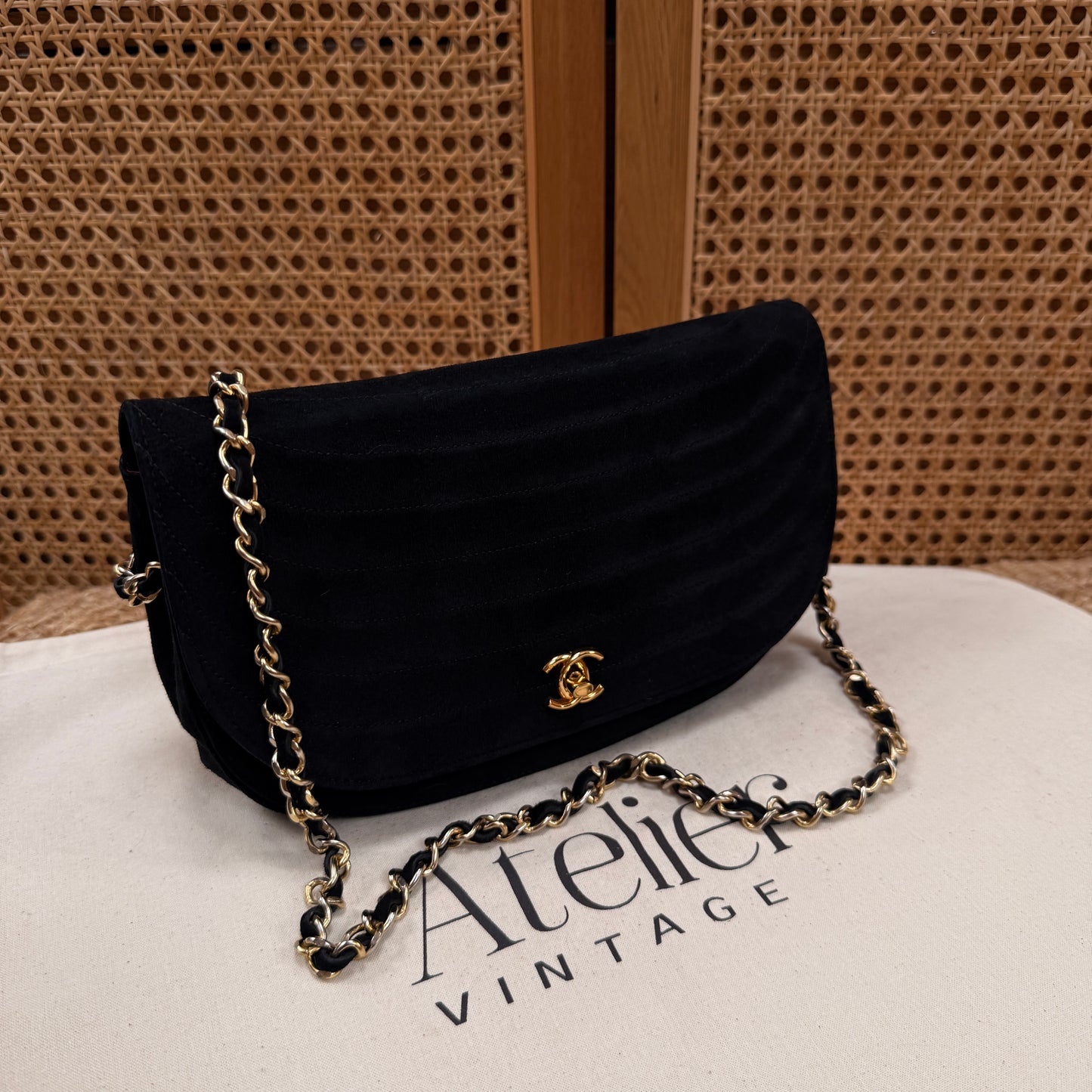 Chanel Rare early 1980s half moon quilted single flap in black suede