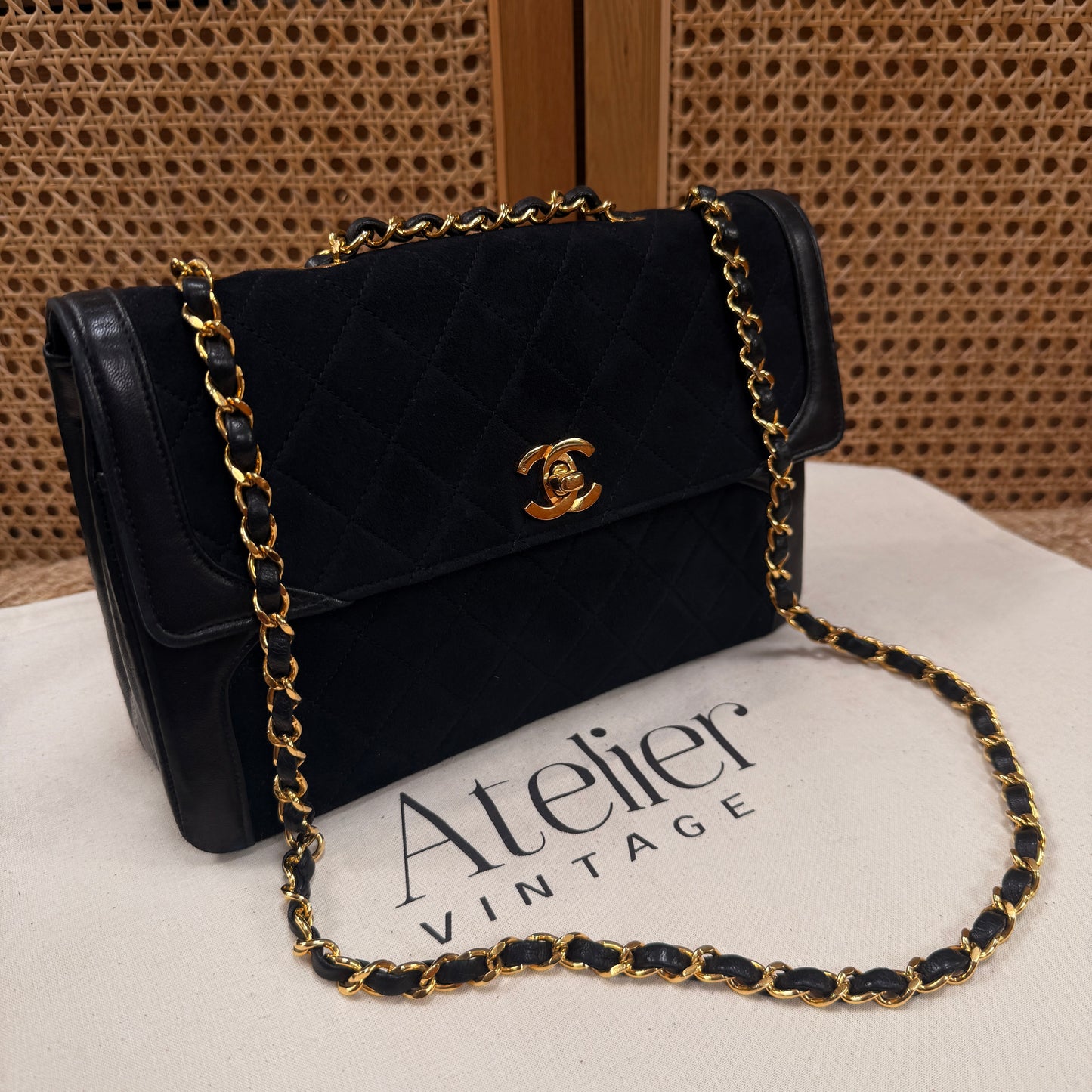 Chanel 1986 rare & limited edition single flap in black suede & Lambskin leather