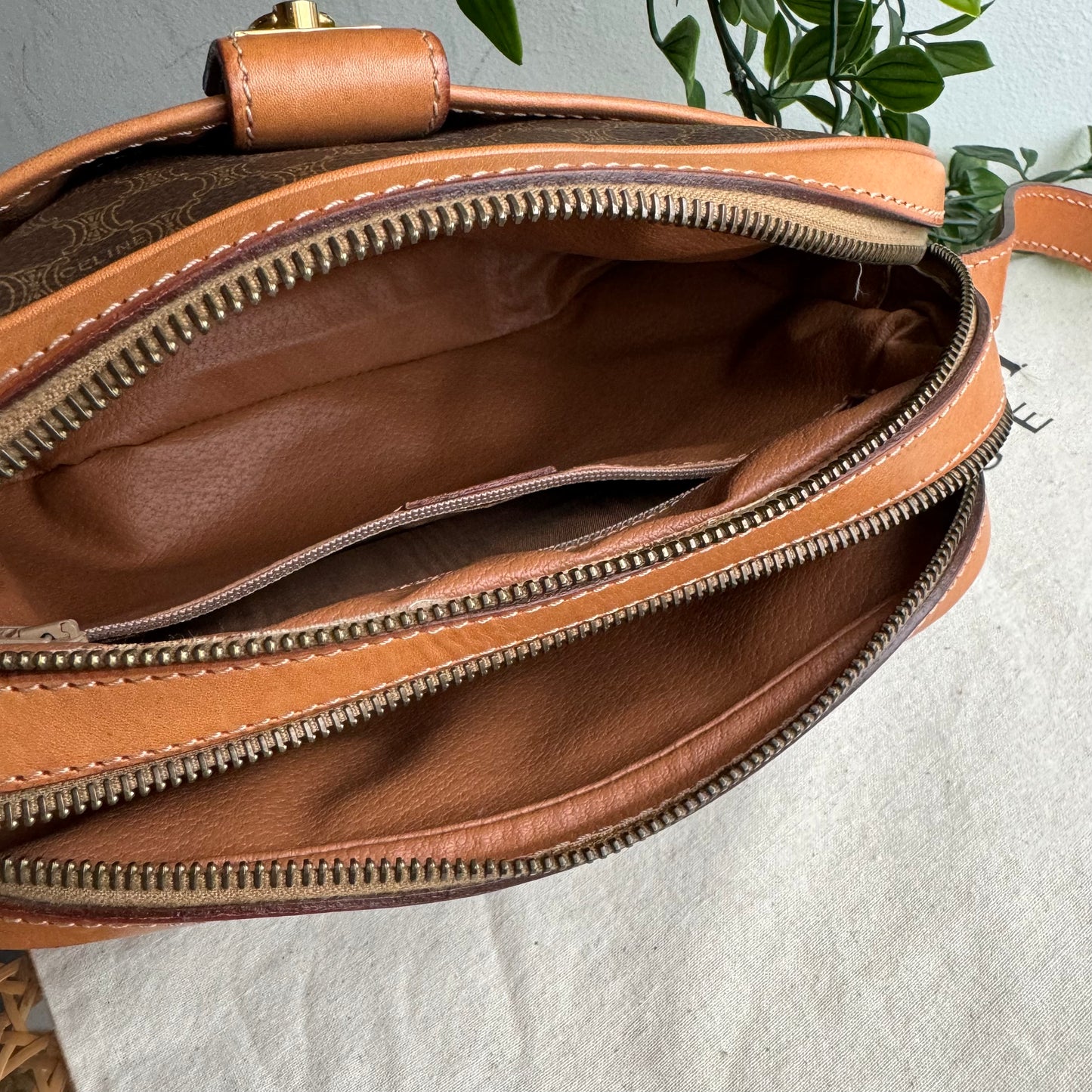 Celine Macadam Brown Double Zip Shoulder Bag