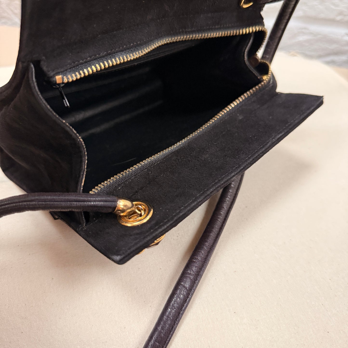 Chanel 1989 Chanel Black Suede & Leather Cross body with rare Gripoix Stone and CC charm Zip Pull