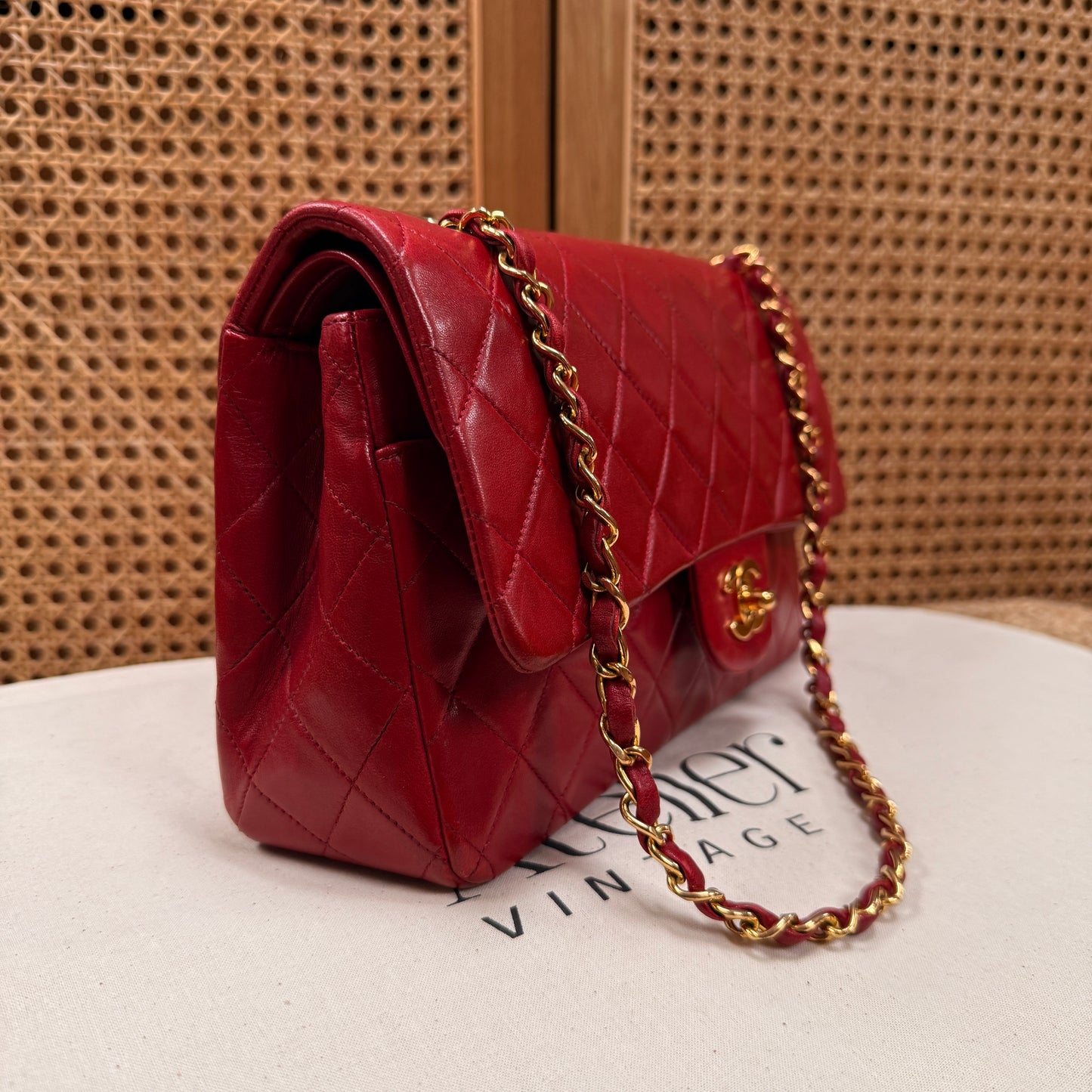 Chanel 1989 Red Lambskin Leather Classic Double Flap in Medium with 24k Gold Hardware