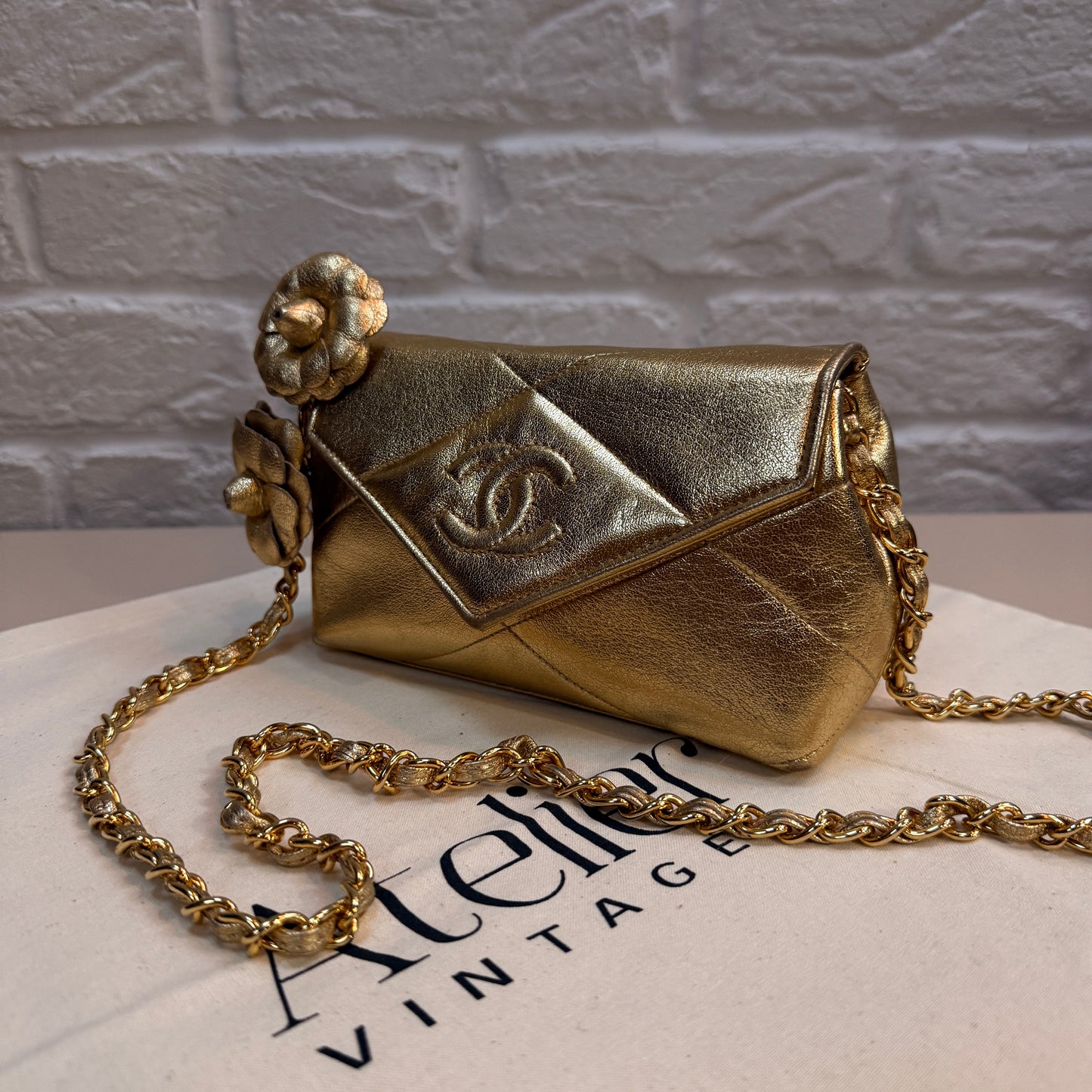 Chanel 1986 Ultra Rare Gold Lambskin Camellia Charm Envelope Flap