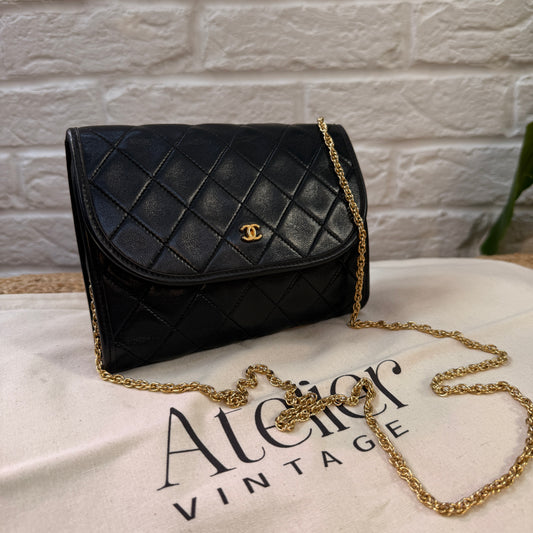 Chanel Early 1980s Rare Black Lambskin Leather Single flap Cross Body