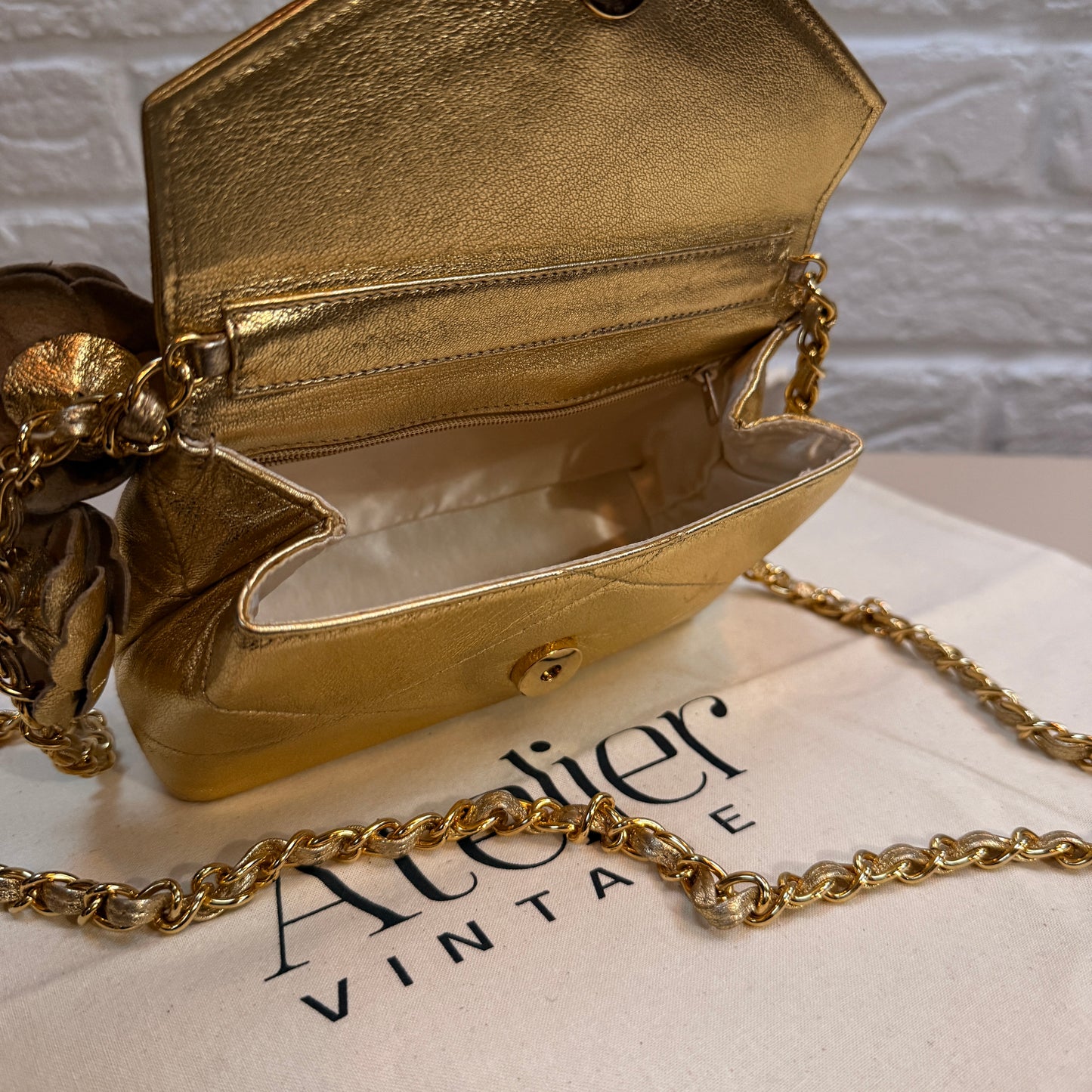 Chanel 1986 Ultra Rare Gold Lambskin Camellia Charm Envelope Flap