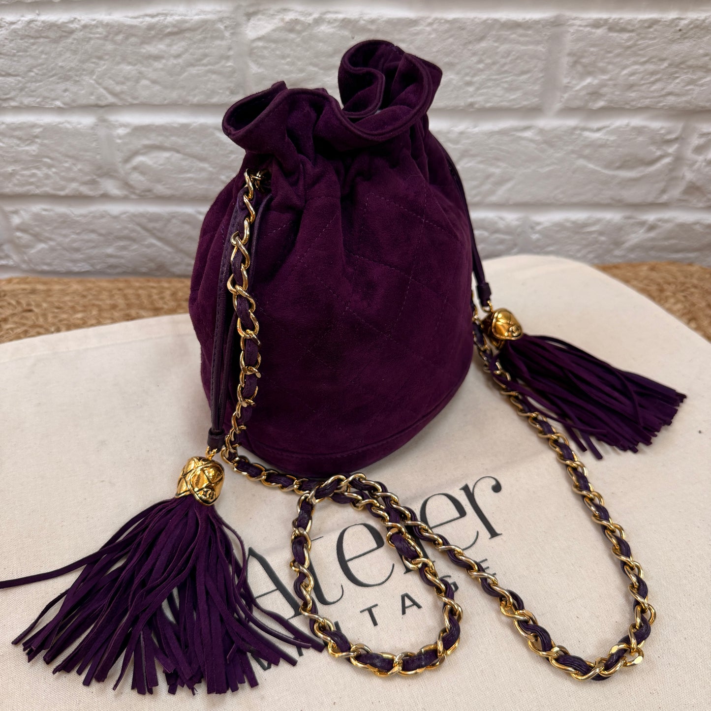Chanel 1989 ultra rare plum suede Quilted Cross Body Bucket Bag