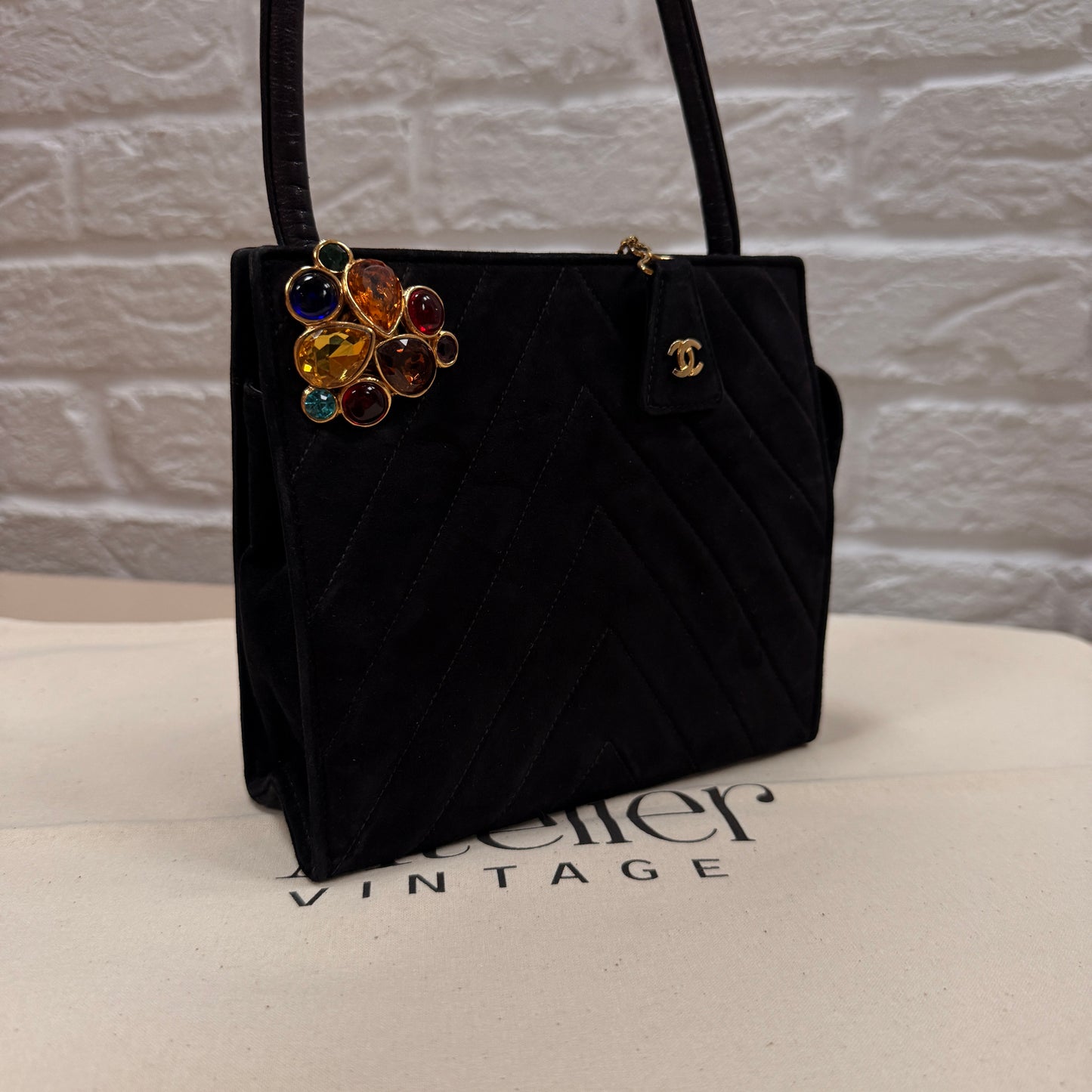 Chanel 1989 Chanel Black Suede & Leather Cross body with rare Gripoix Stone and CC charm Zip Pull